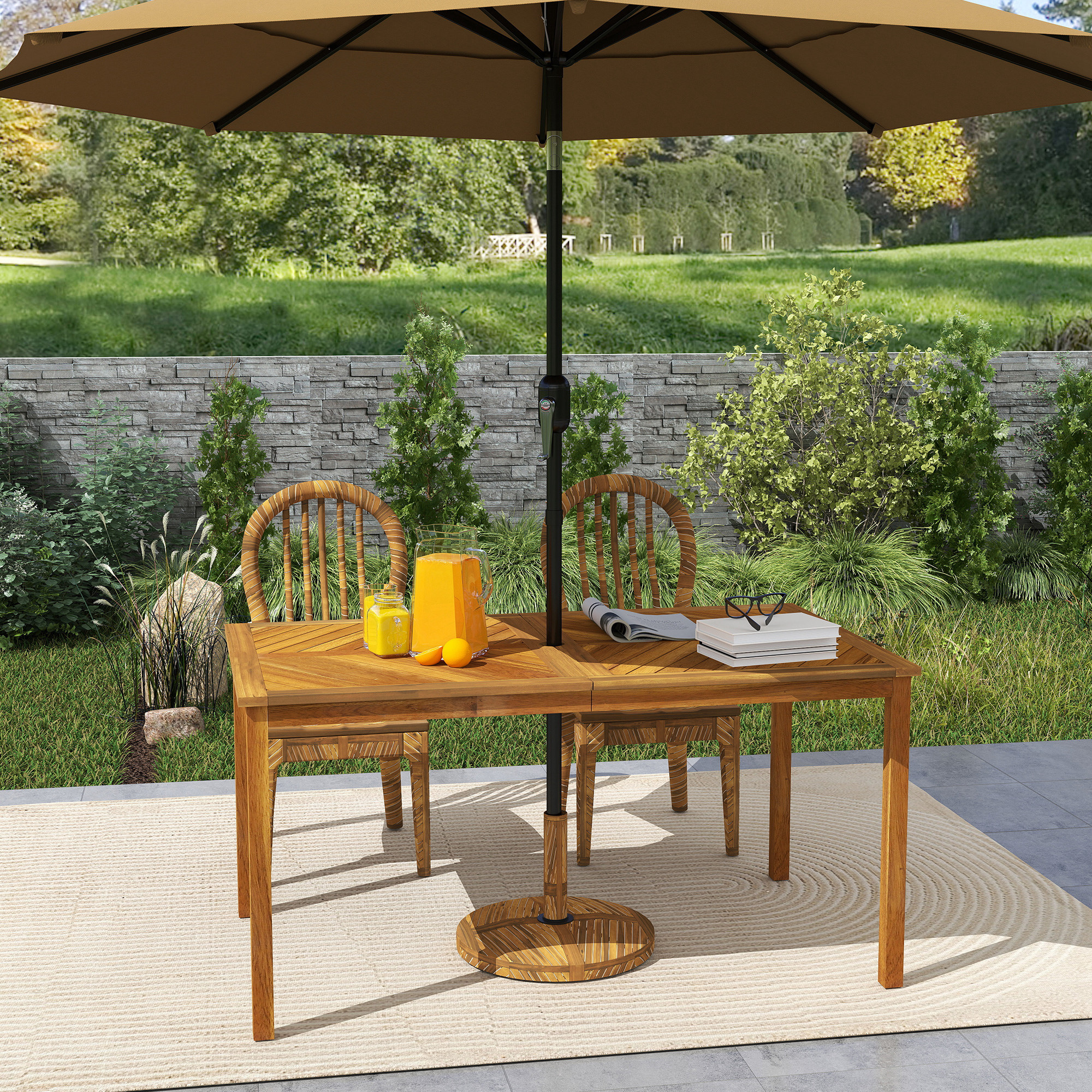 Outsunny Tuintafel inklapbaar 150x85cm, Weerbestendige Balkontafel van Hout, 6-Persoons met Parasolgat, Lamellenontwerp Teak