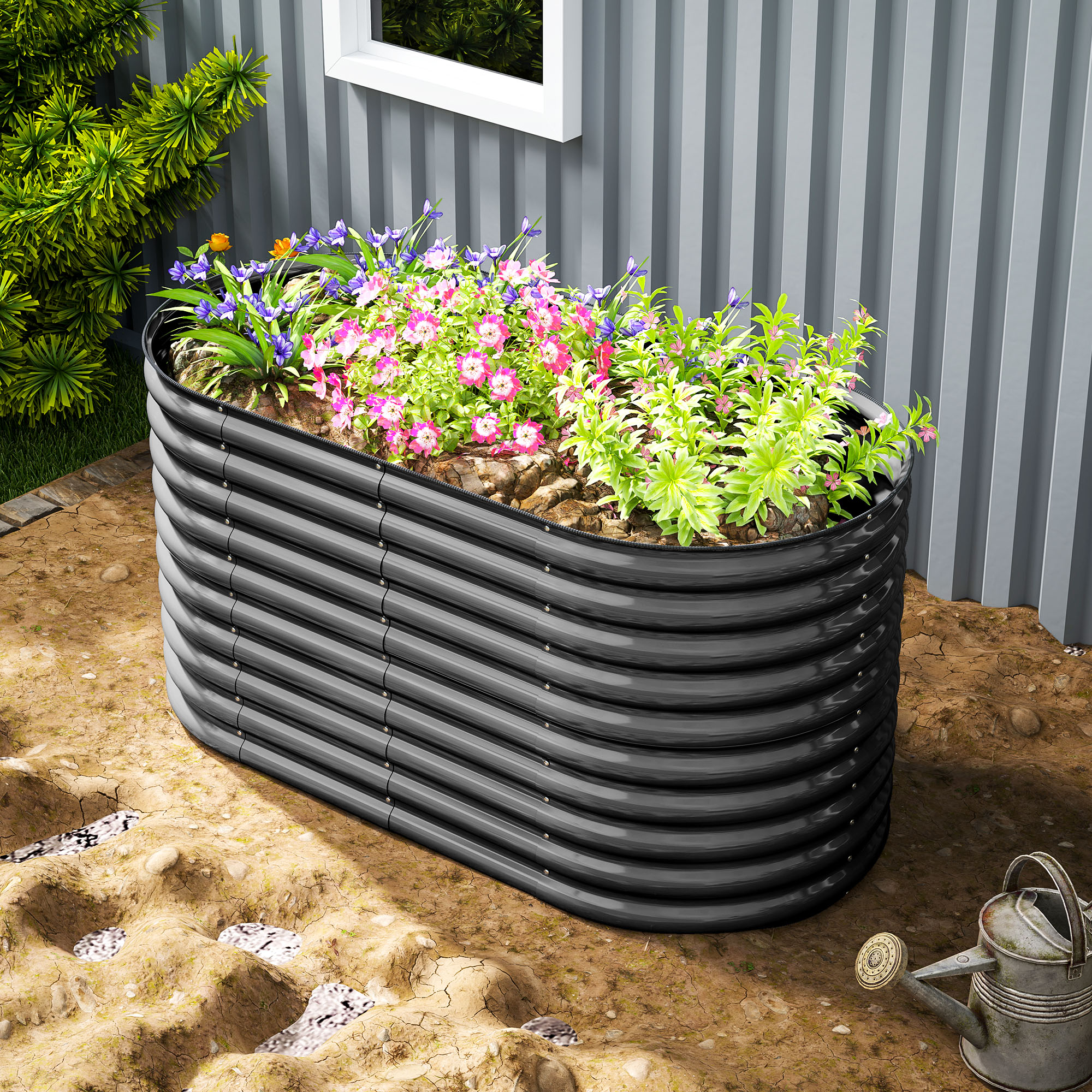 Outsunny Plantenkuip, Metalen Bloemenkuip met Veiligheidsrand en Handschoenen, Open Bodem, 160B x 80D x 80H cm, Donkergrijs