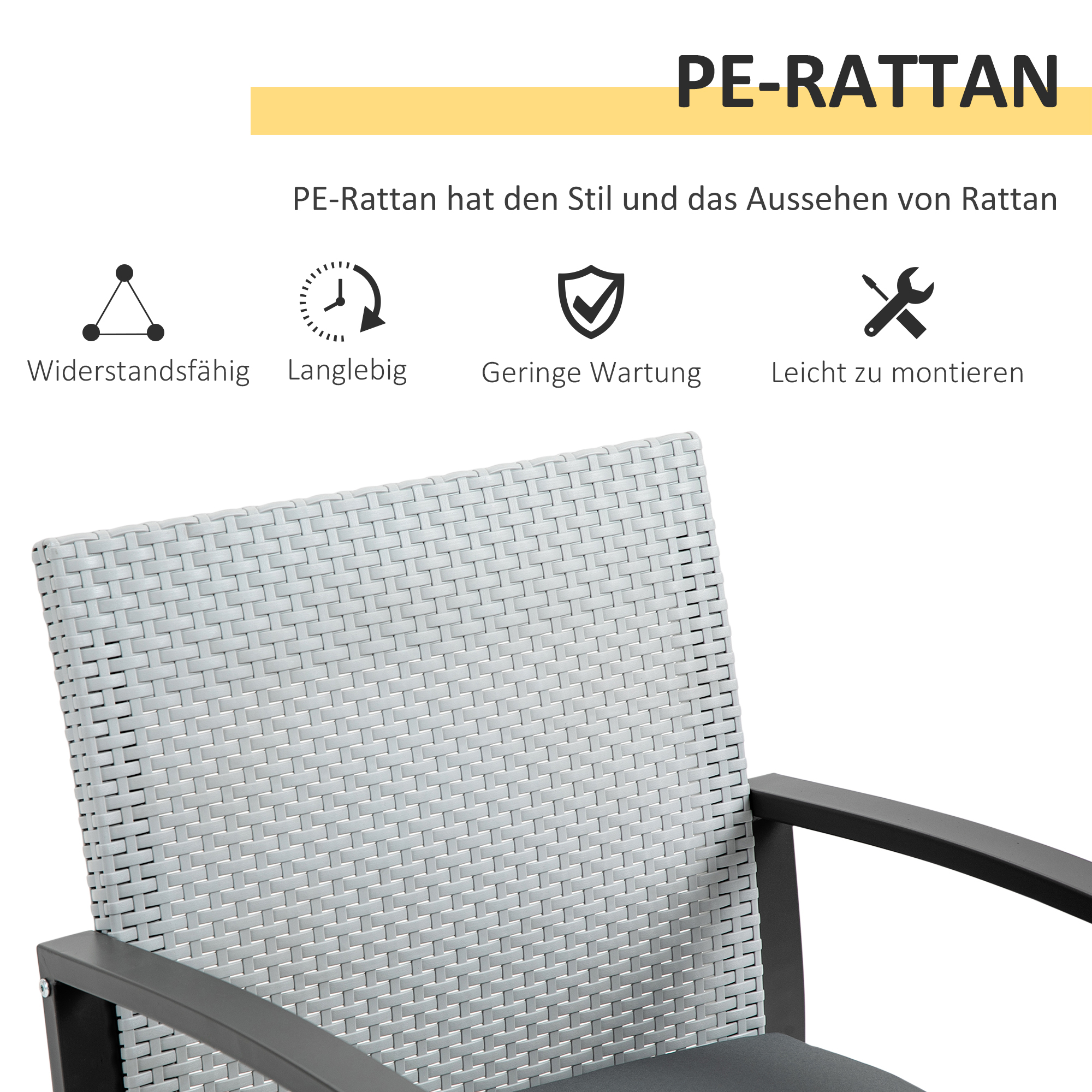 Outsunny poly rotan bistro set 3 st. Balkonmeubelset, tuinmeubelset met bijzettafel, tuinset, zitset met zitkussen, staal, zwart en grijs