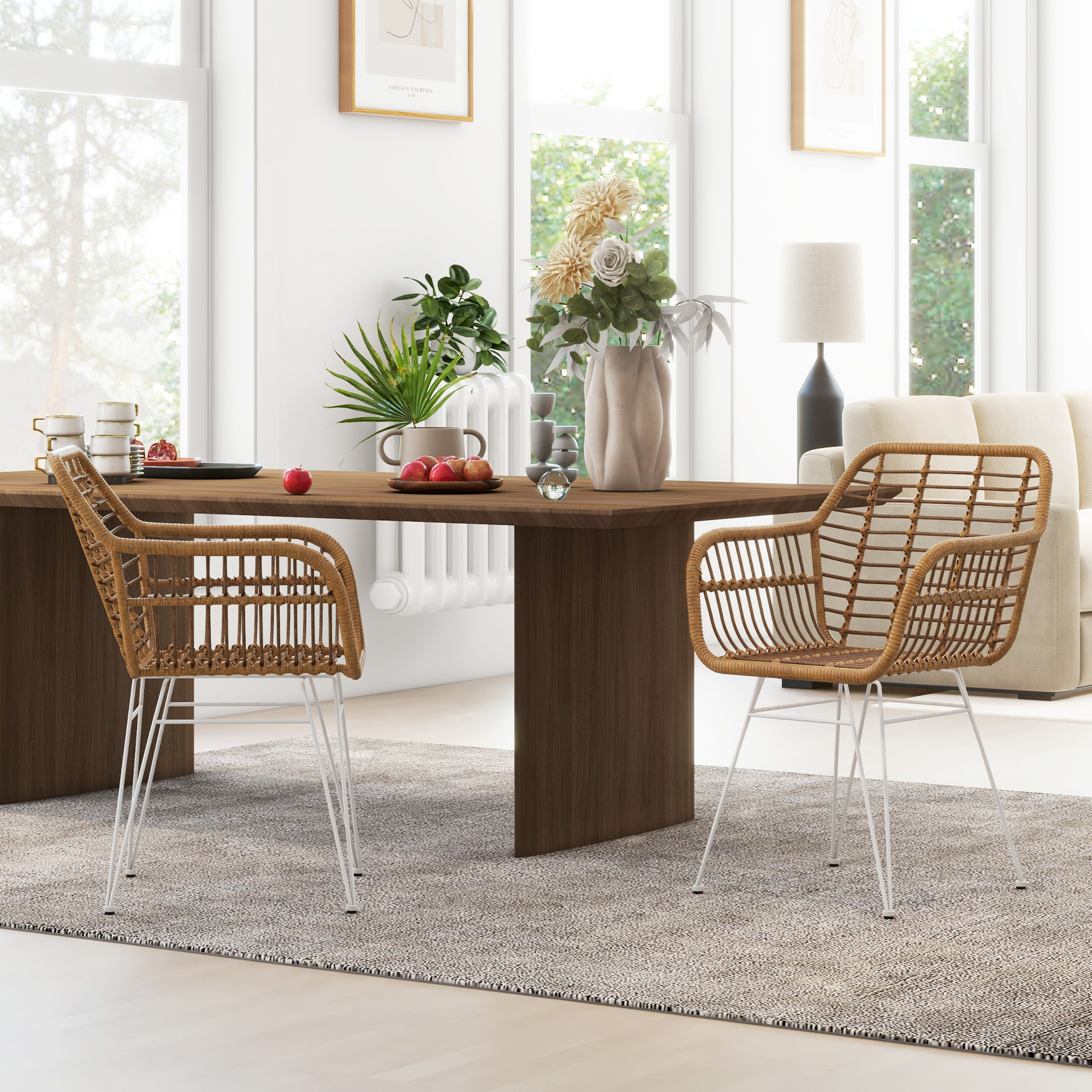 HOMCOM 2-delige set stoelen in Boho-stijl, keukenstoelen, PE-Rattan, 56 x 60 x 79 cm, Natuur + Wit