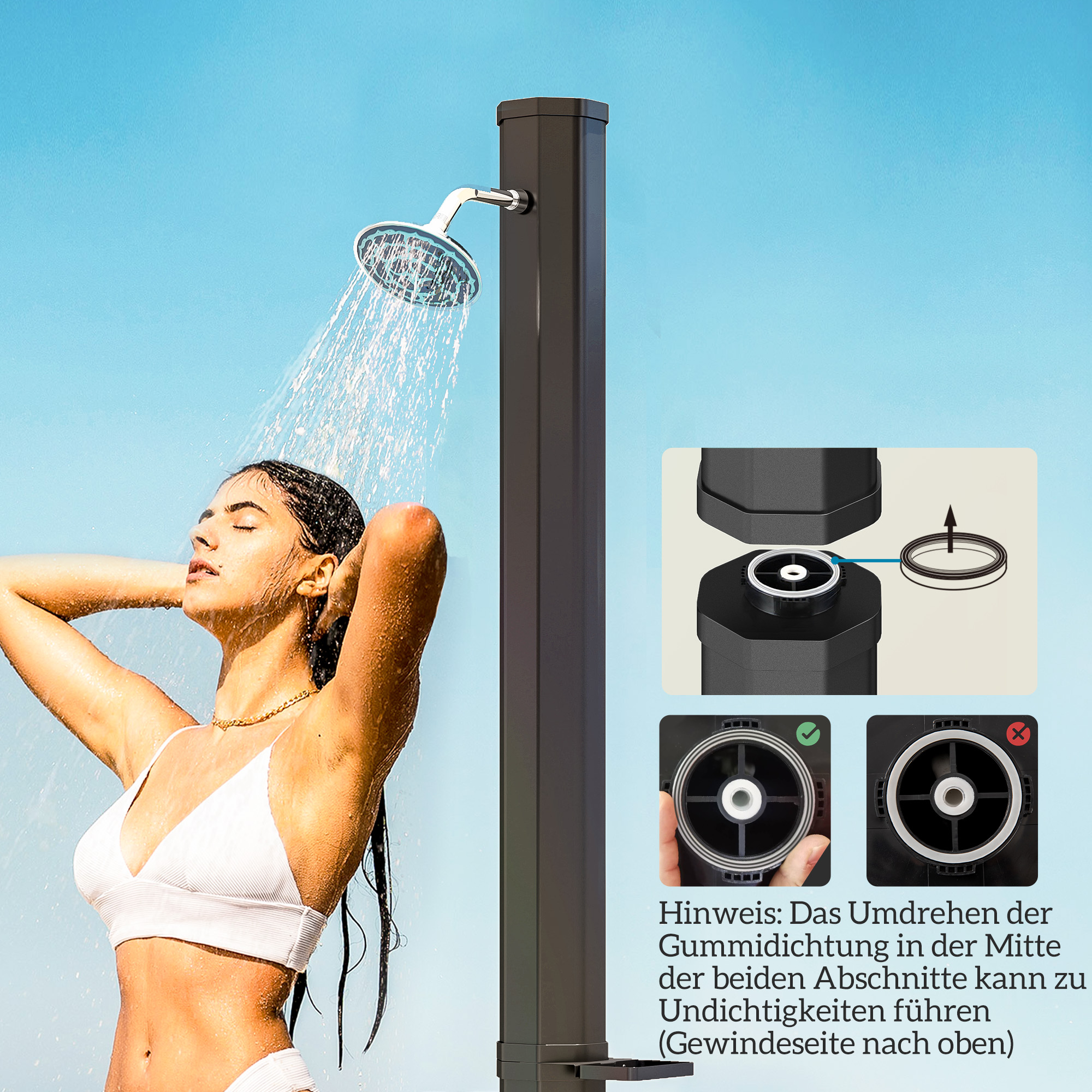 Outsunny Zonnedouche 35 Liter Met Waterkraan, Douchekop, Handdouche en Zijtafeltje, tot 55 °C, Zwart
