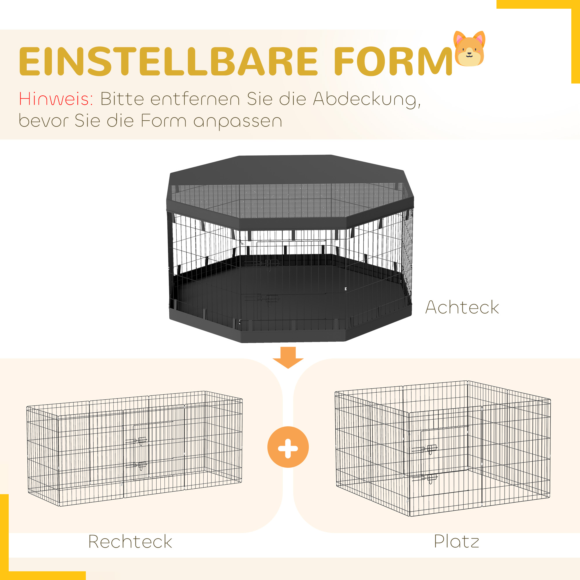 PawHut Puppyren, 76 cm Hoog/ong. 2,5 m², 8 Panelen, Bodemzeil, Combo-Dakzeil