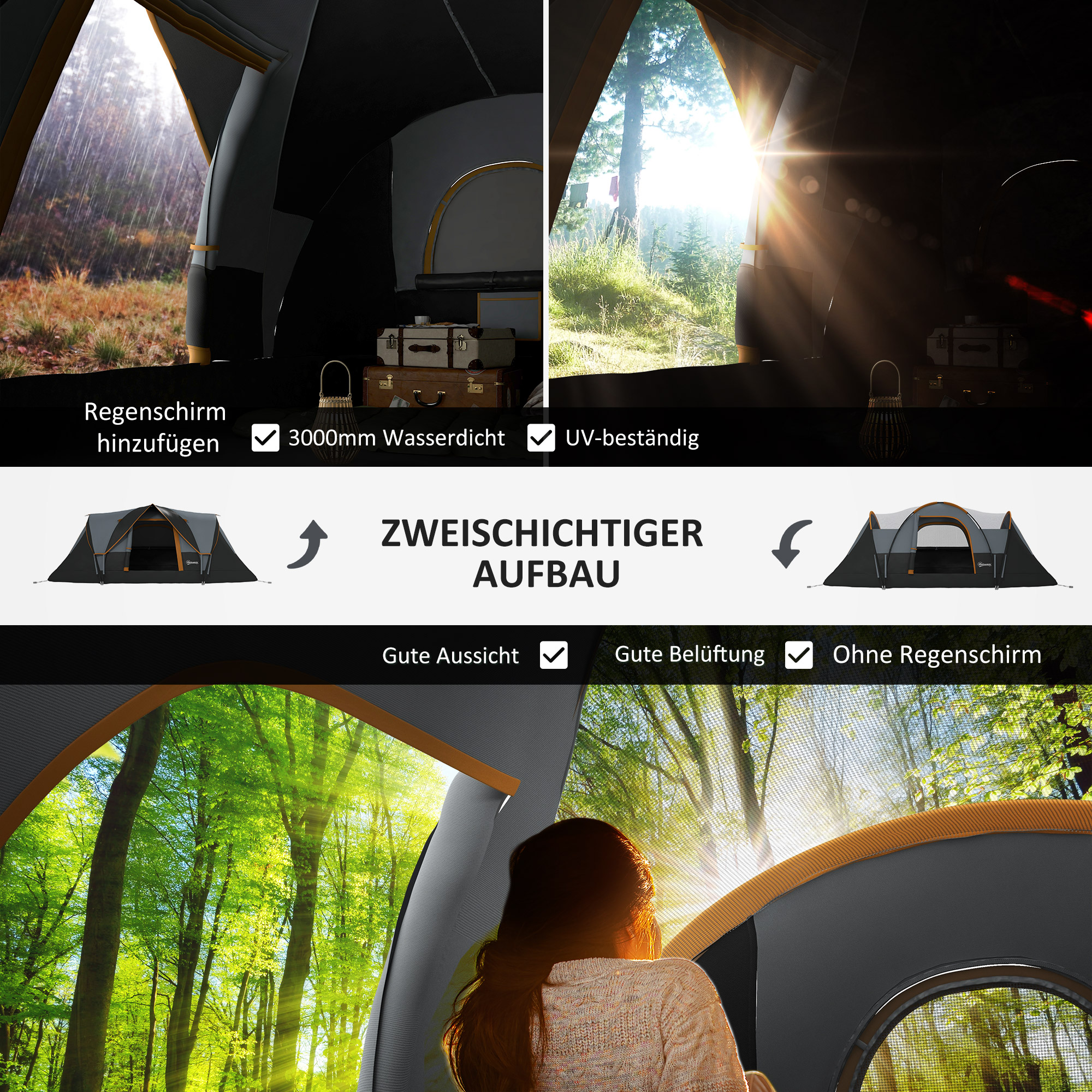 Outsunny Kampeertent voor 5-6 Personen, Familietent, Draagtas, 4,55x2,2x1,8m, Lichtgrijs/Zwart