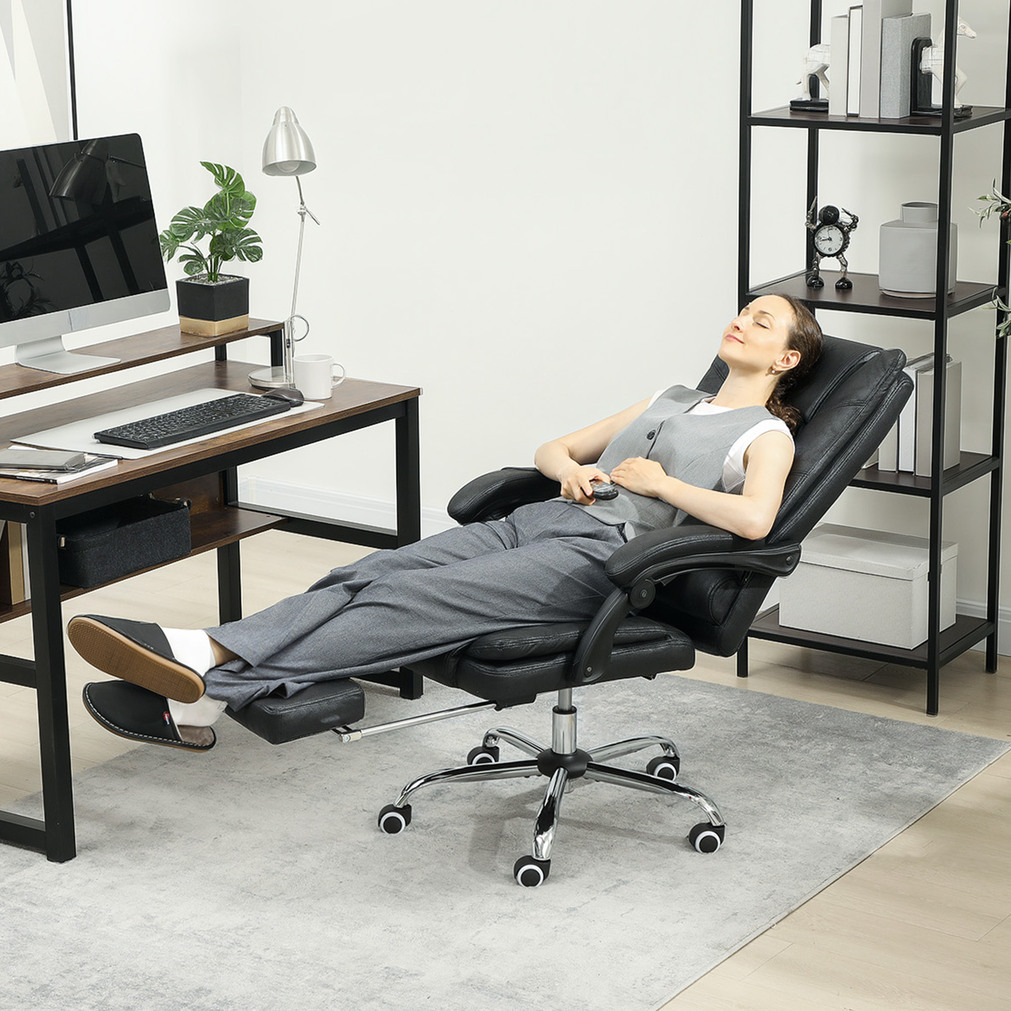 Vinsetto Massagestoel Bureau met Massagefunctie, incl. Voetensteun, Verstelbaar, 64 cm x 70 cm x 118 cm, Zwart