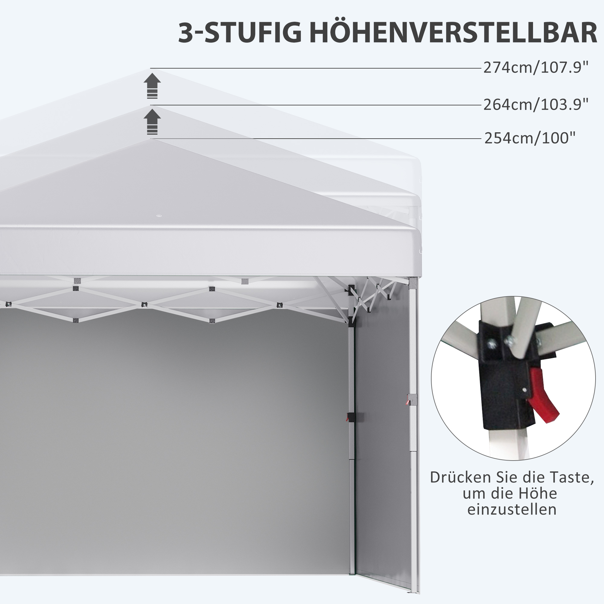 Outsunny Opvouwbare paviljoen met 2 zijwanden, verstelbare hoogte, inclusief draagtas, roestvrij stalen frame, 3x3 m, wit