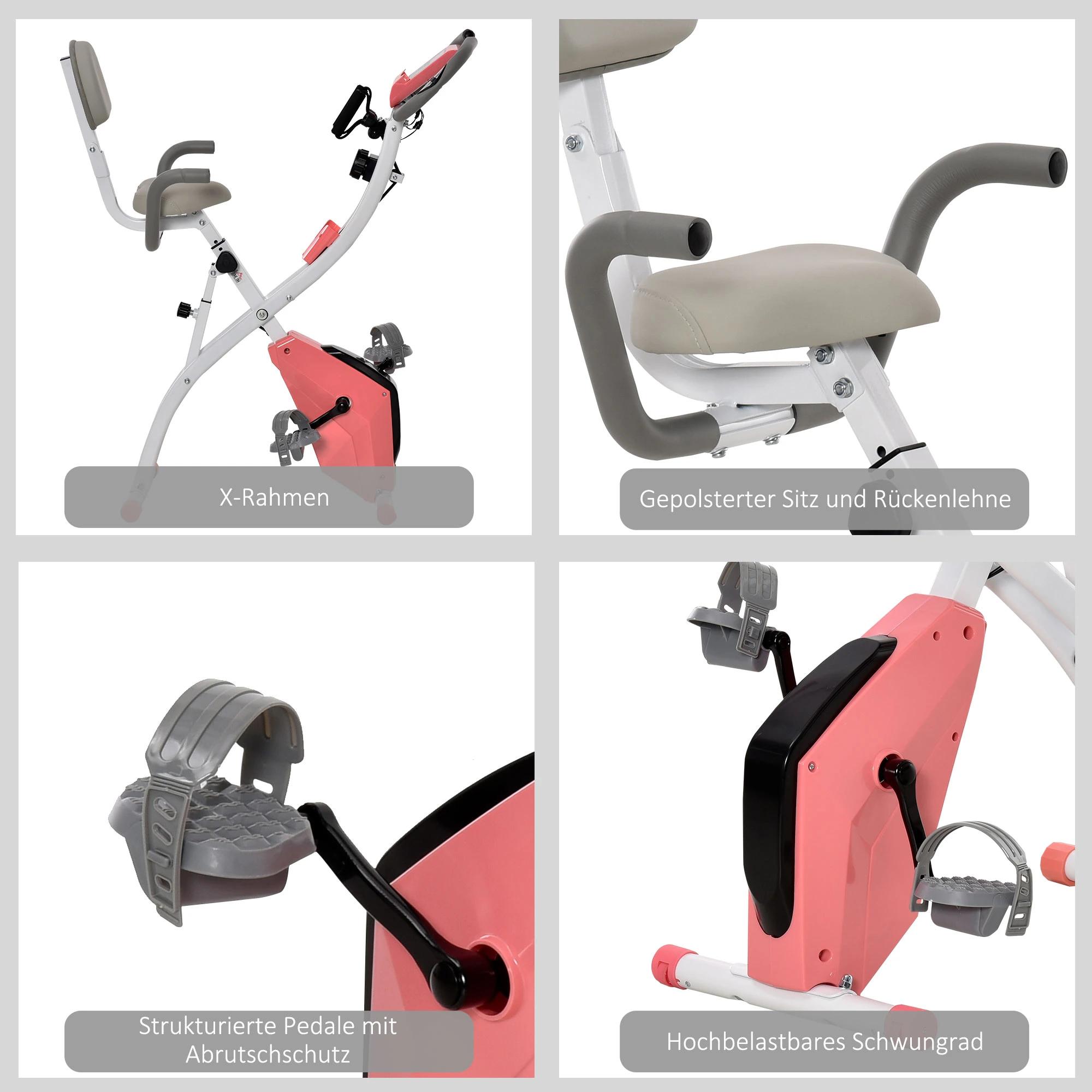 HOMCOM hometrainer 2-in-1 fietstrainer LCD display inklapbare hometrainer hometrainer met 8 niveaus instelbare magnetische weerstand en 1 paar spankoorden staal roze + wit 97 x 51 x 115 cm