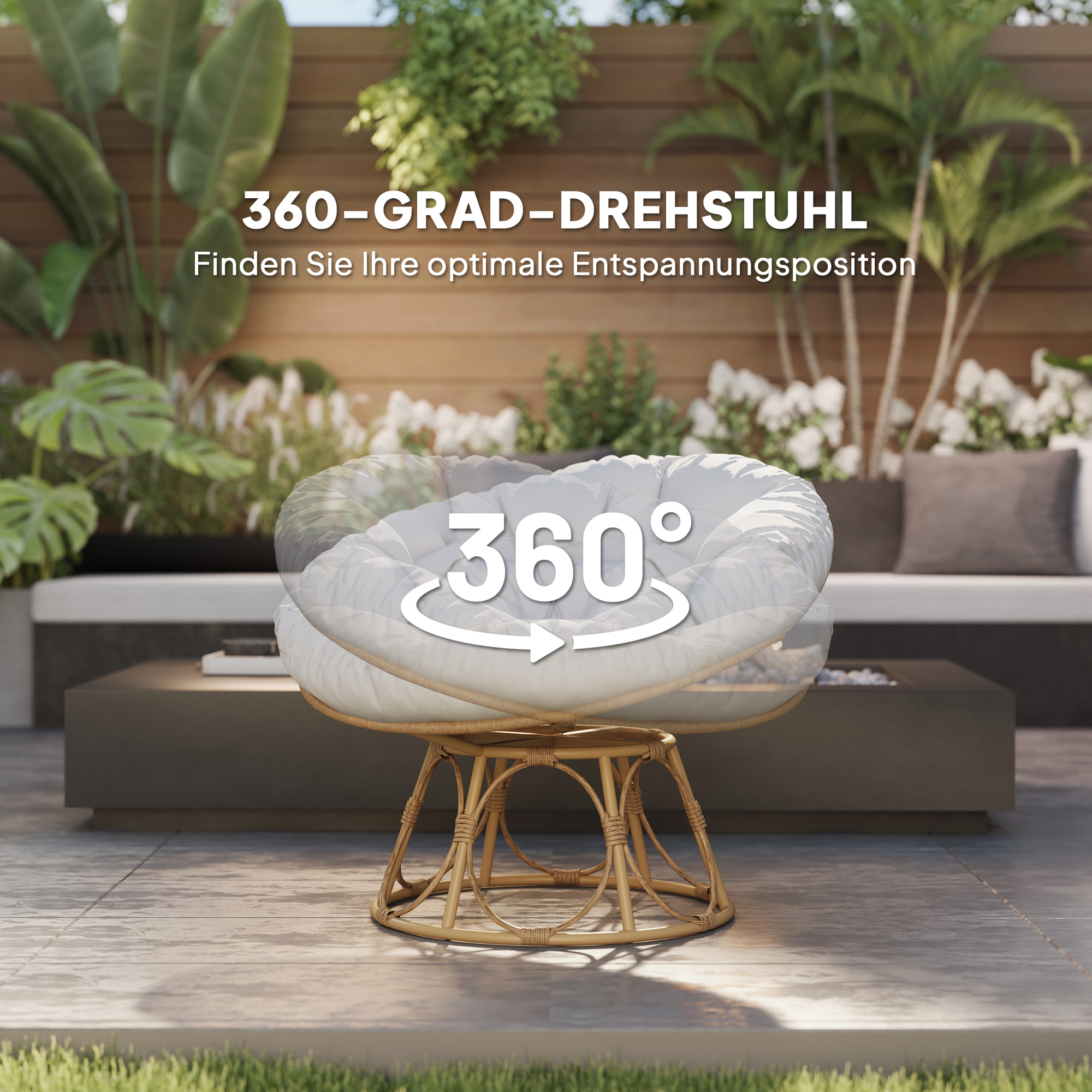Outsunny Papasan Draaistoel Rotan 360° met Zitkussen, Ronde Buitenstoel