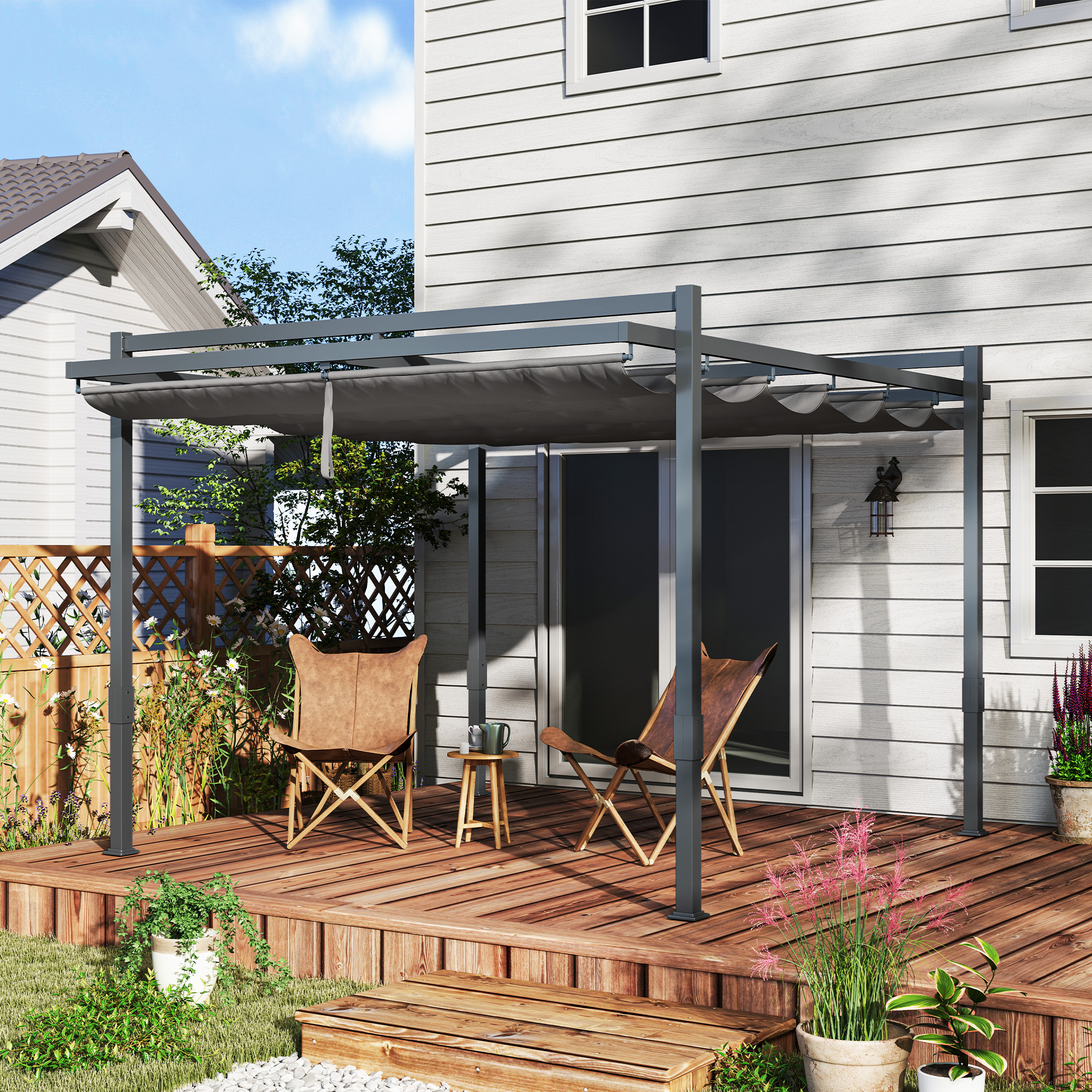 Outsunny Pergola met Schuifdak ca. 3,5x3m Aluminium Duurzaam Winterbestendige Zonwering Grijs