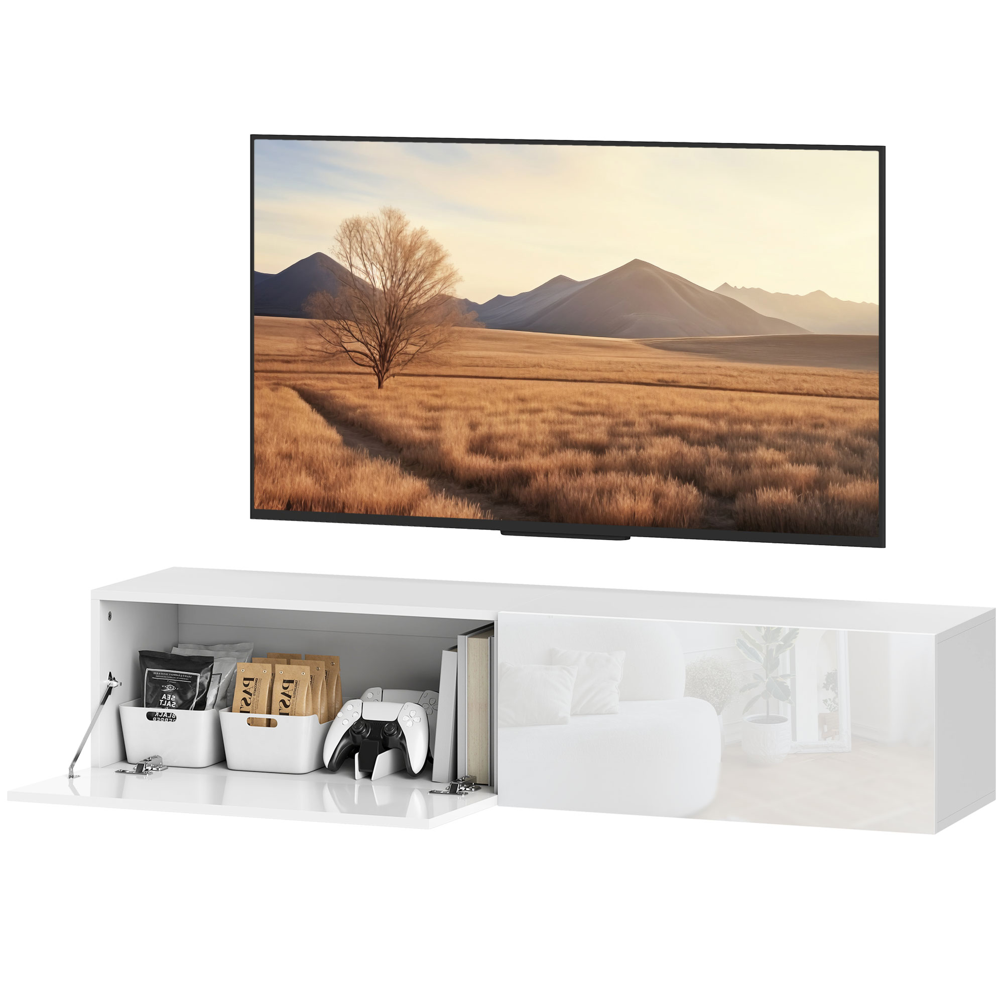HOMCOM Wandgemonteerde Tv-kast, Zwevende Tv-console met Veel Afzetgebied en Opbergruimte, Spaanplaat, Wit