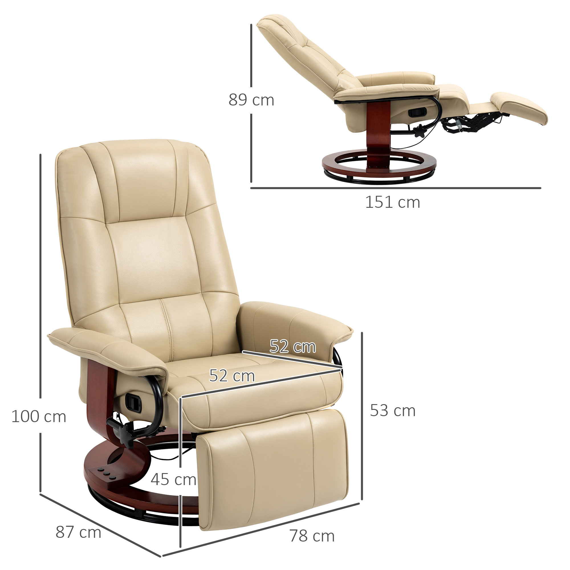 HOMCOM Relaxstoel, Verstelbaar, Ligfunctie, tot 120 kg, Kunstleer, 78 x 87 x 100 cm, Beige