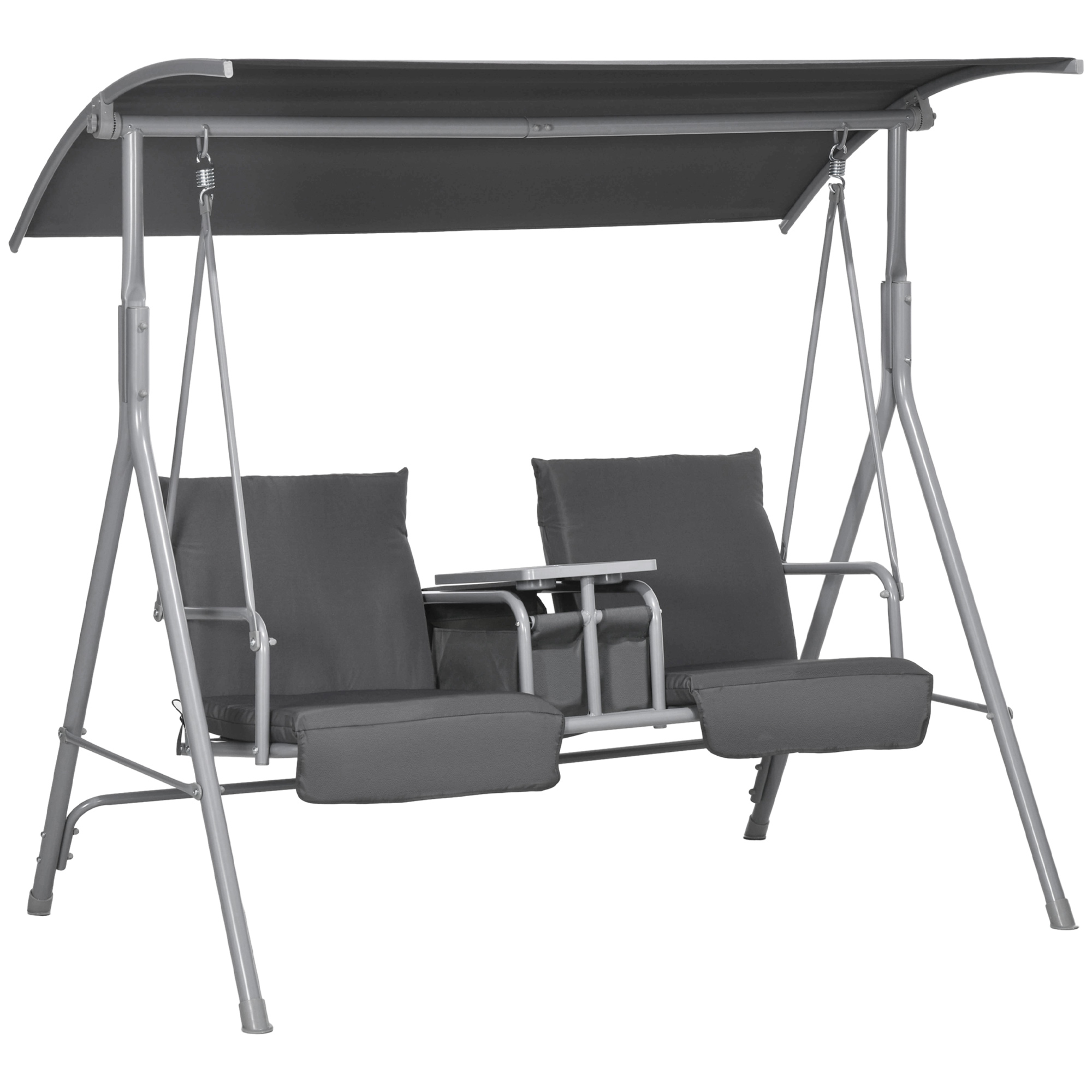 Outsunny Hollywoodschommel, 2-zits, met Dak en Tafel, Metalen Frame, Tot 180 kg, 175x110x165 cm, Zwart
