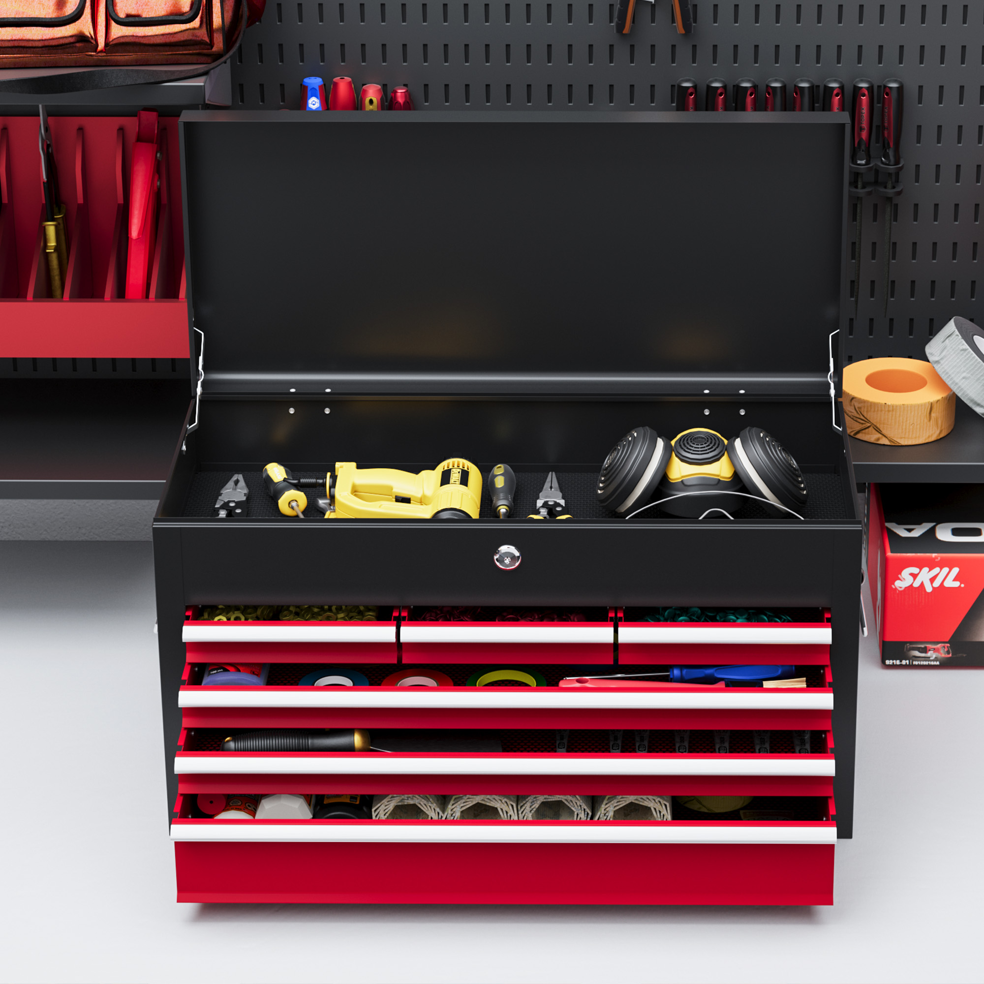 HOMCOM Gereedschapskist, afsluitbaar, 6 lades, stalen behuizing, 60x26x34cm, Rood+Zwart