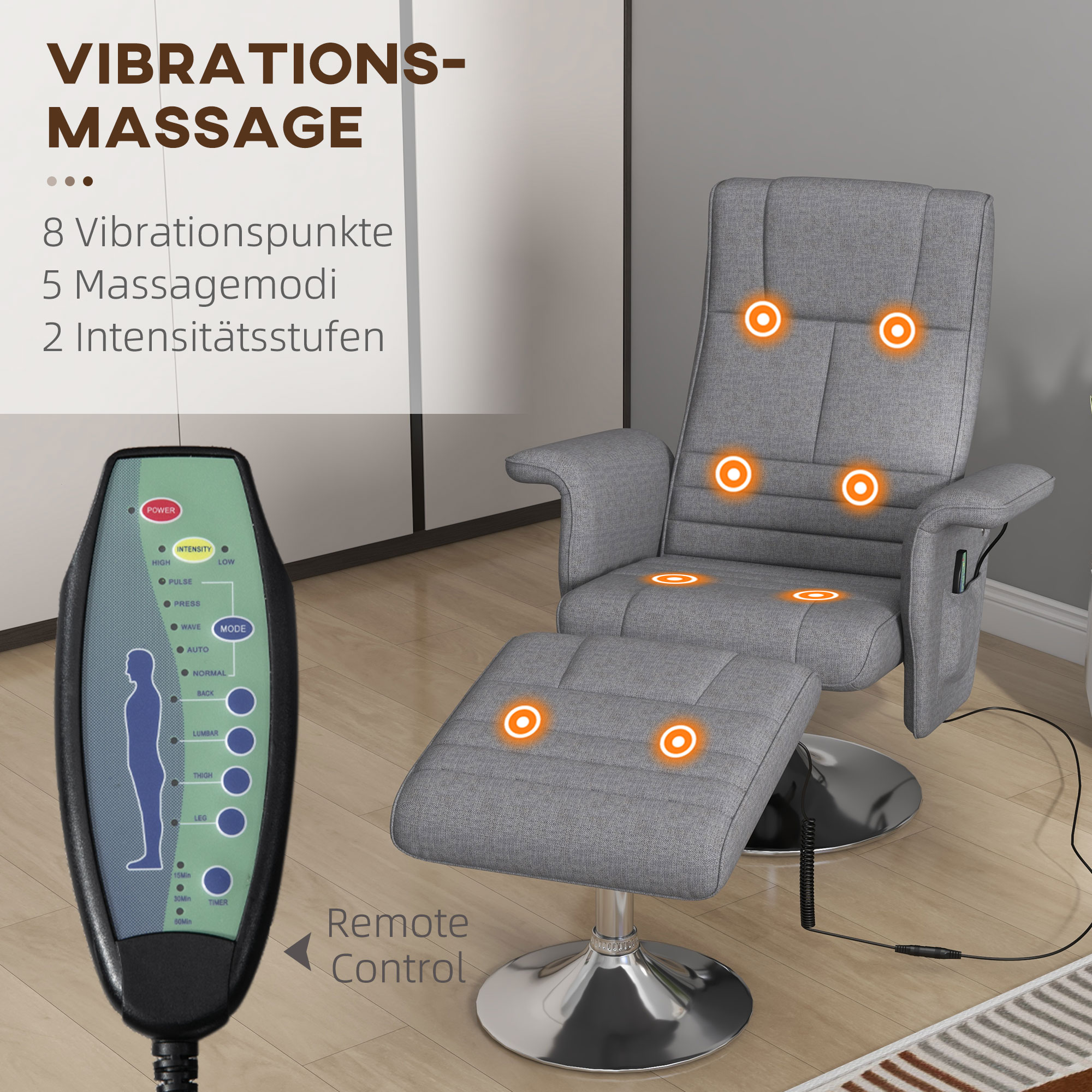 HOMCOM Massagestoel Relaxfauteuil, met Ottomaanse, 8 Vibratiekoppen, Kantelfunctie, 78cm x 90cm x 93cm, Donkergrijs