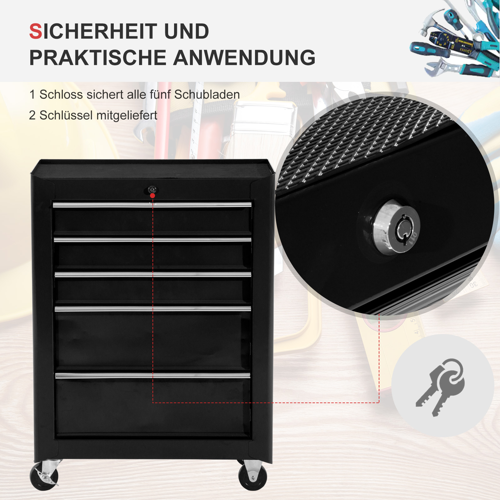 HOMCOM Gereedschapskast, Gereedschapskist, 5 Laden, Rolbaar, Staal, Zwart