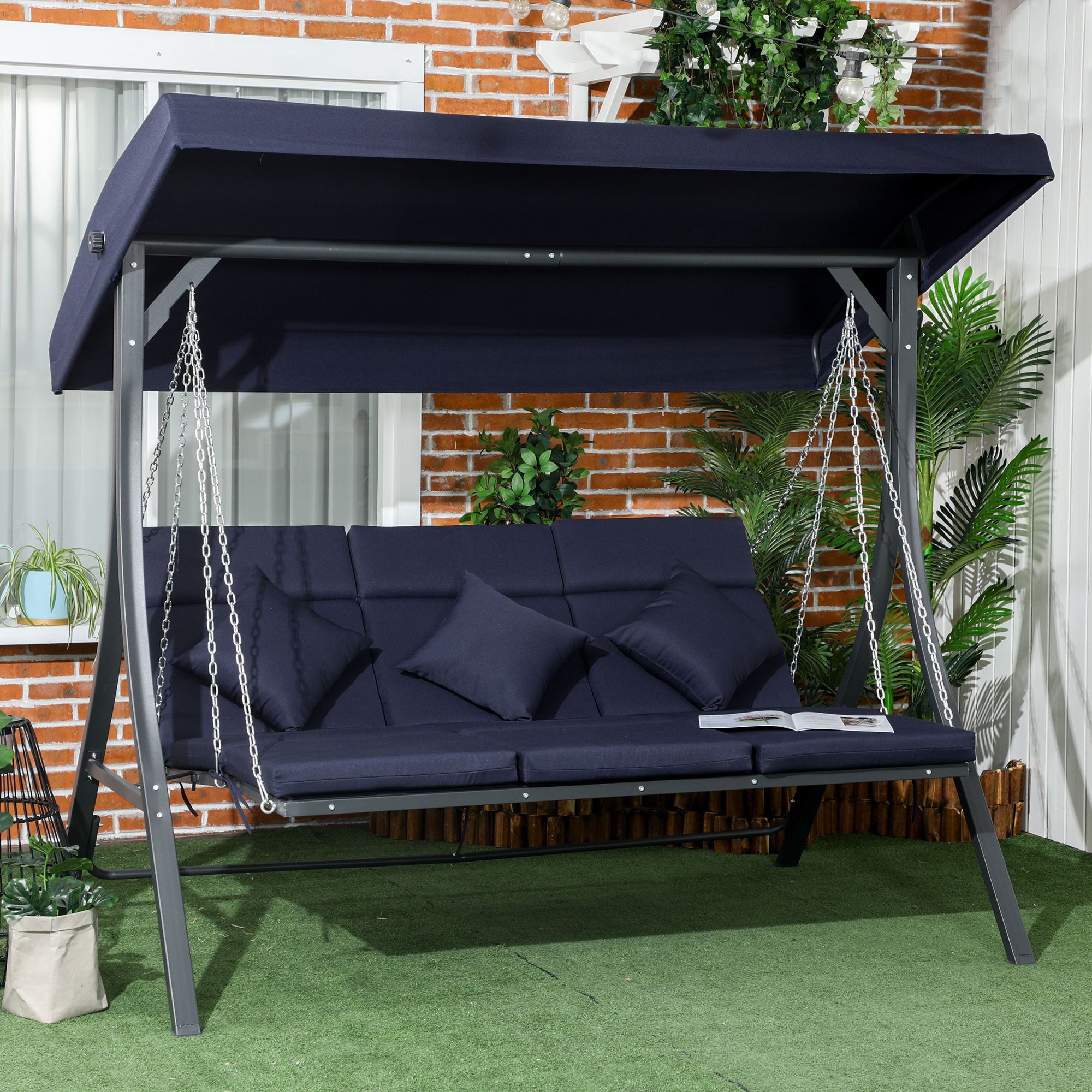 Outsunny Hollywood-schommel, voor 3 personen, verstelbaar zonnedak, tot 270 kg, donkerblauw, 198 x 118 x 168 cm