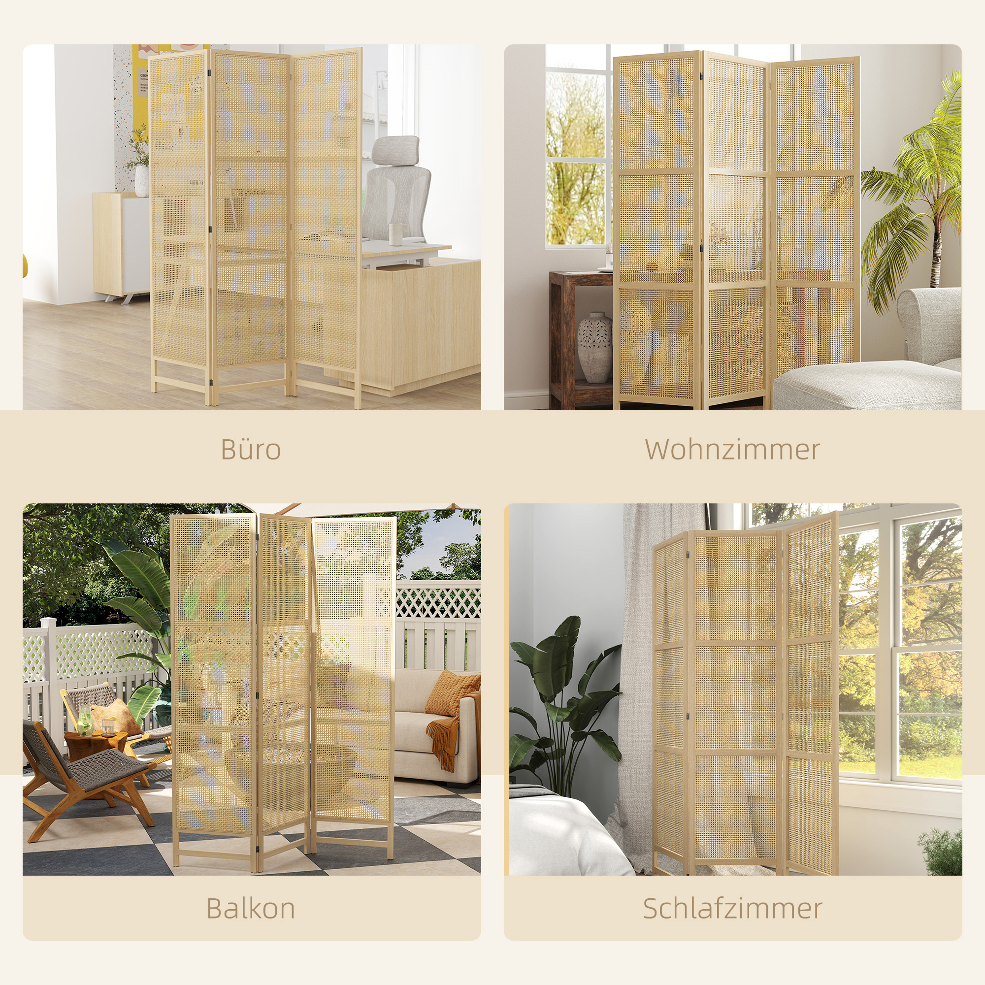 HOMCOM Driedelige, Opvouwbare Kamerscherm, 180 cm Vrijstaande Scheidingswand met Handgeweven Design voor Thuis, Natuur
