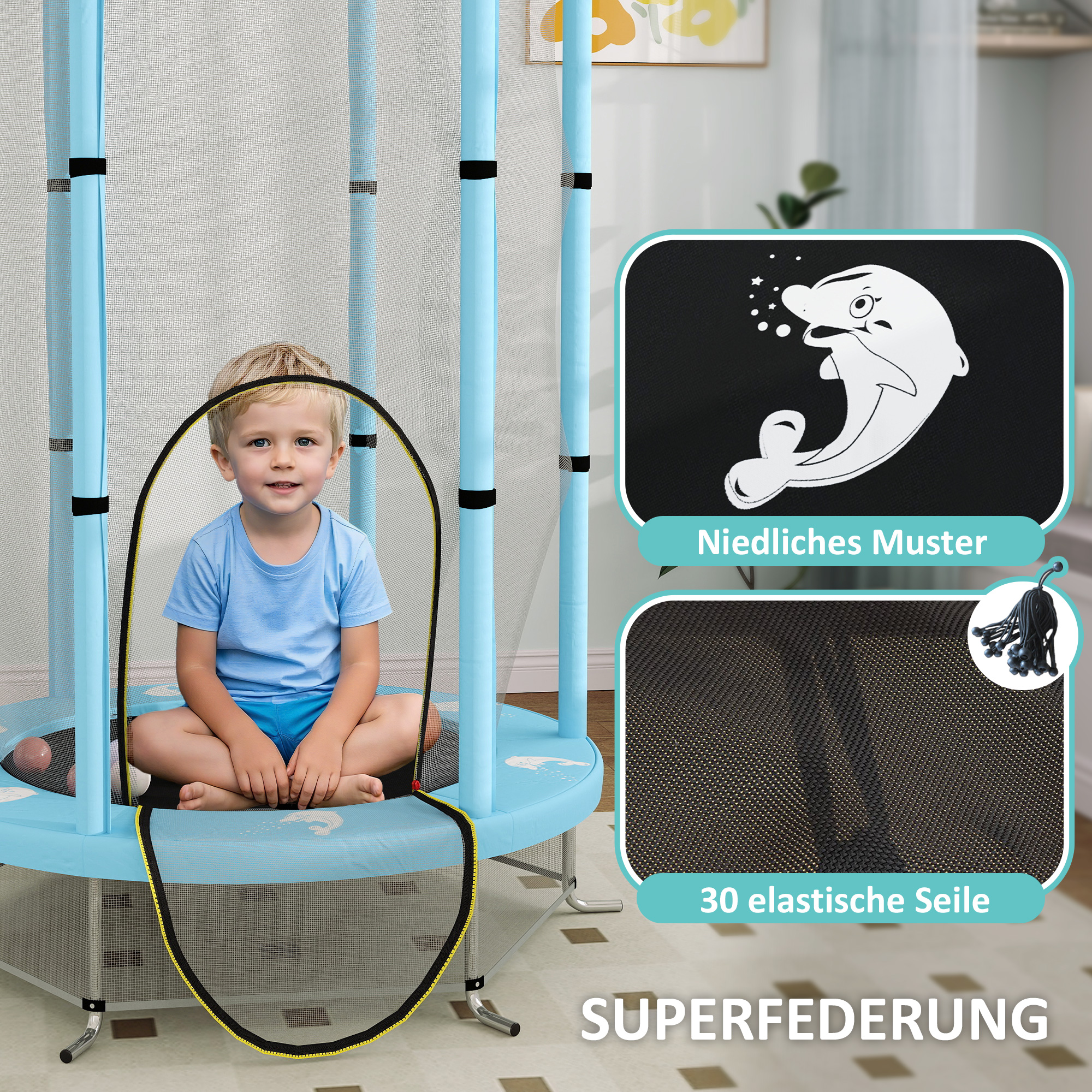 AIYAPLAY Kindertrampoline met Veiligheidsnet, Voor Binnen- en Buitengebruik, 3-6 Jaar, Lichtblauw