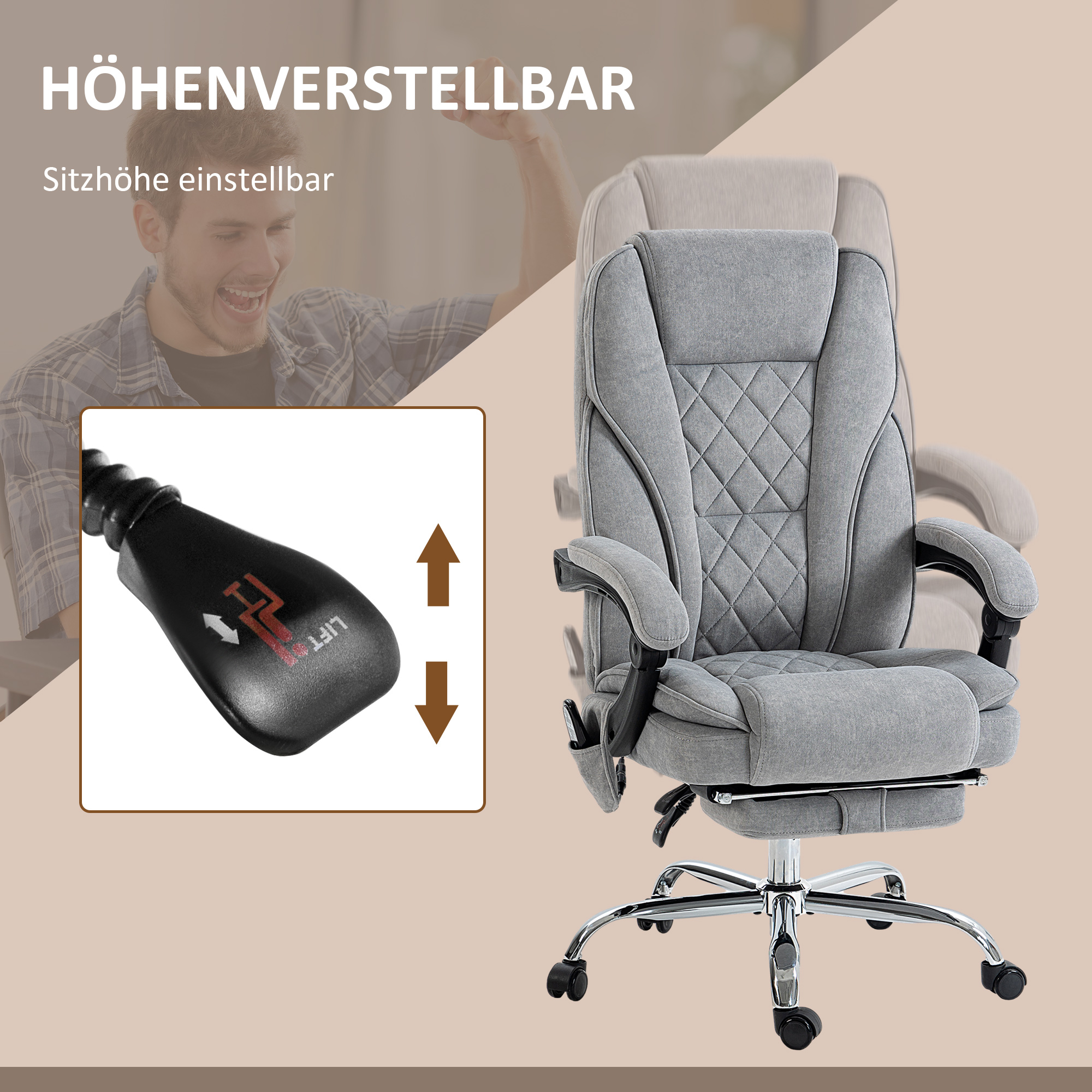 Vinsetto Ergonomische Bureaustoel met Massagefunctie, Voetsteun, Draaibaar, Verrijdbaar, Grijs