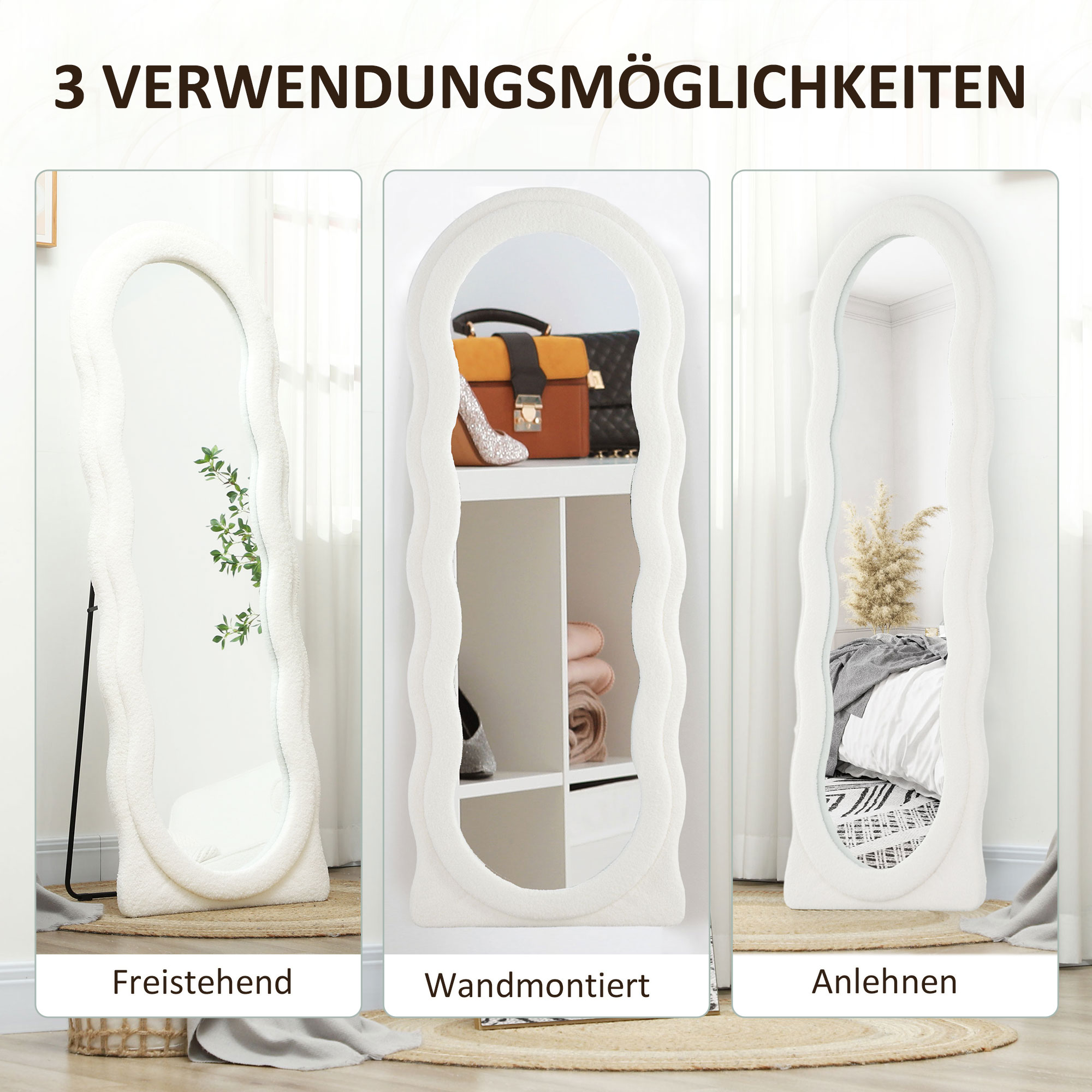 HOMCOM Lichaamslange Spiegel 160 x 60 cm Gebogen Standspiegel met Golfdesign Breukvast Glas Wit