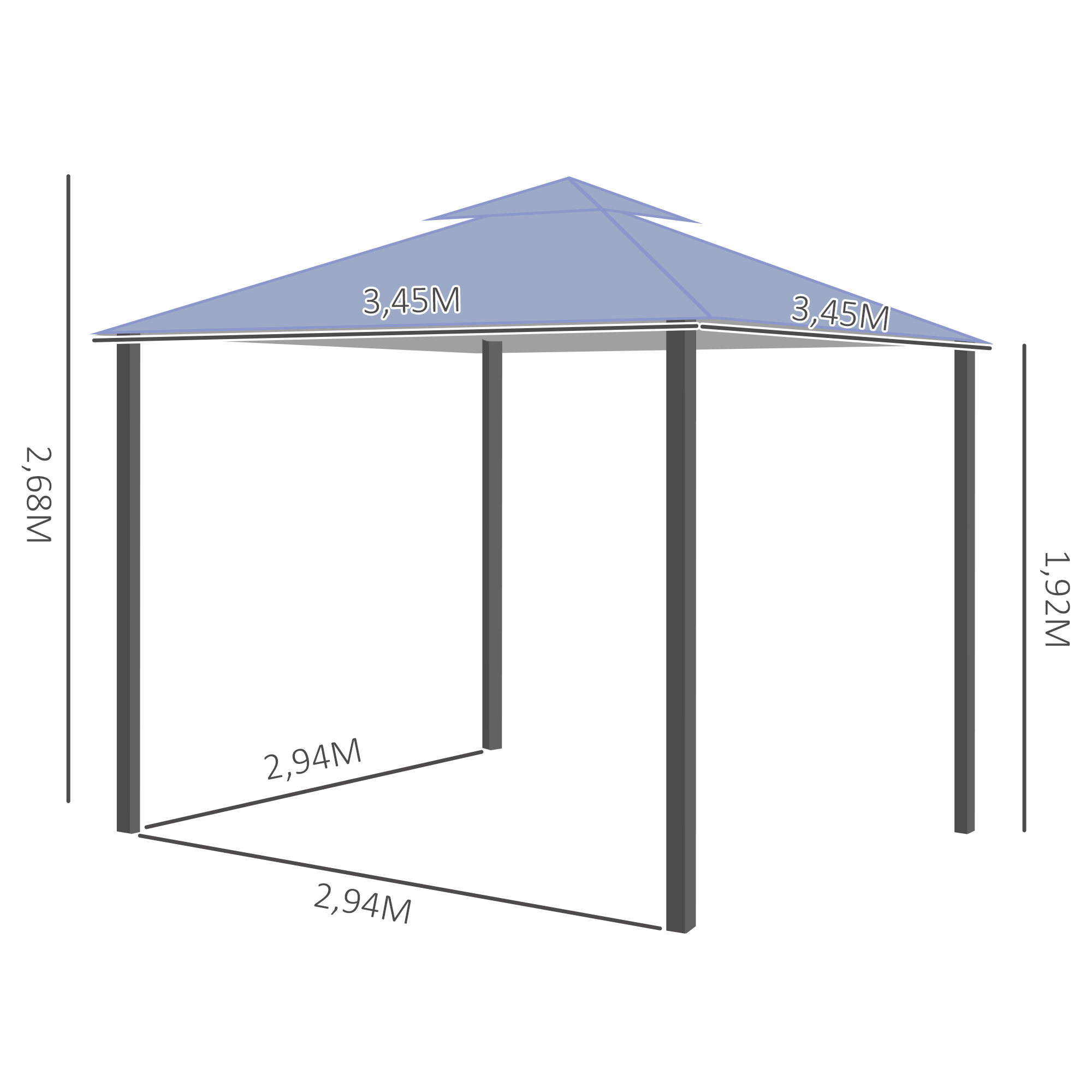 Outsunny dubbel dak tuinhuisje, metalen frame, grijs, 3,5 x 3,5 x 2,7 m