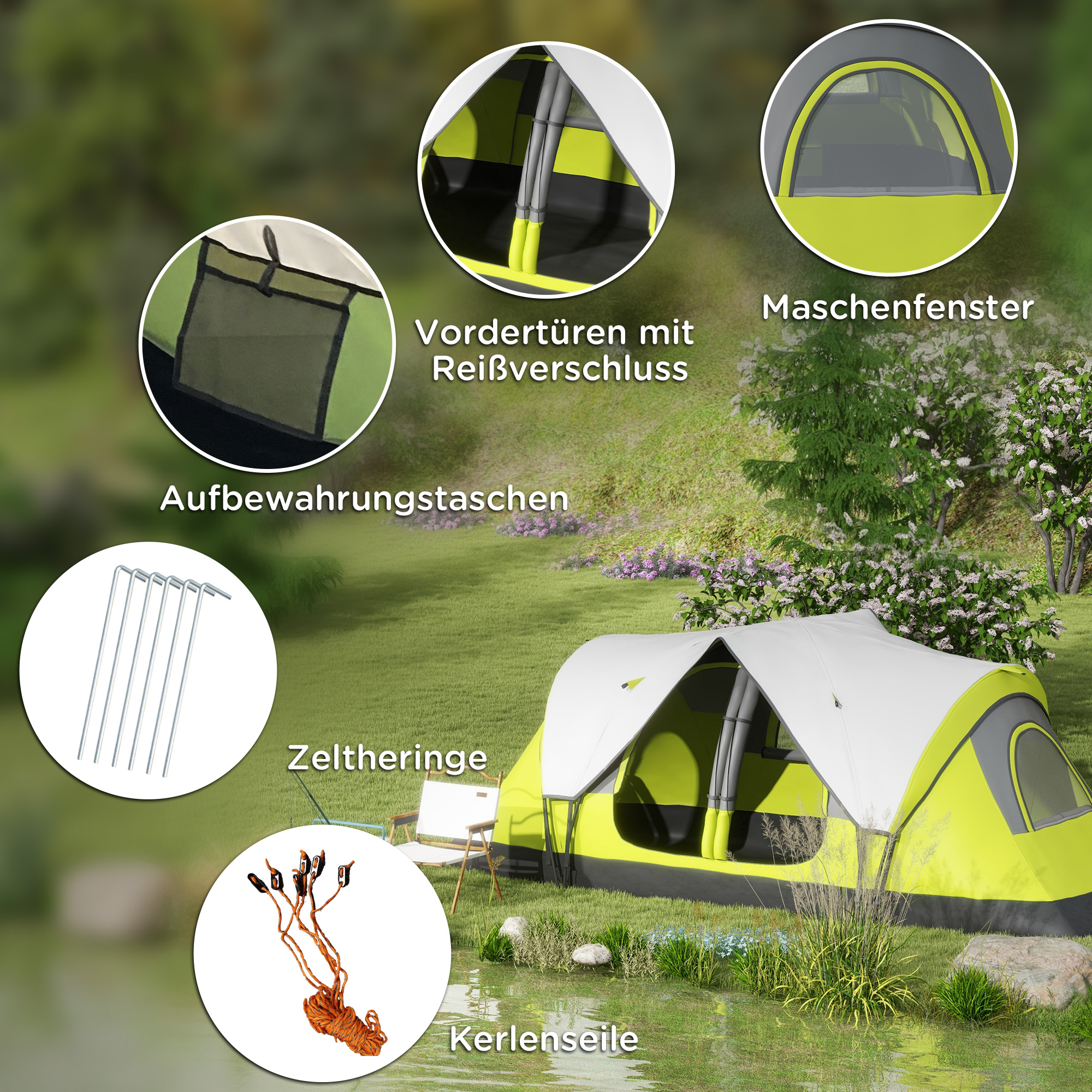 Outsunny Campingtent, 2 Kamers, Scheidingswand, voor 6 Personen, Regenbescherming, Donkergroen