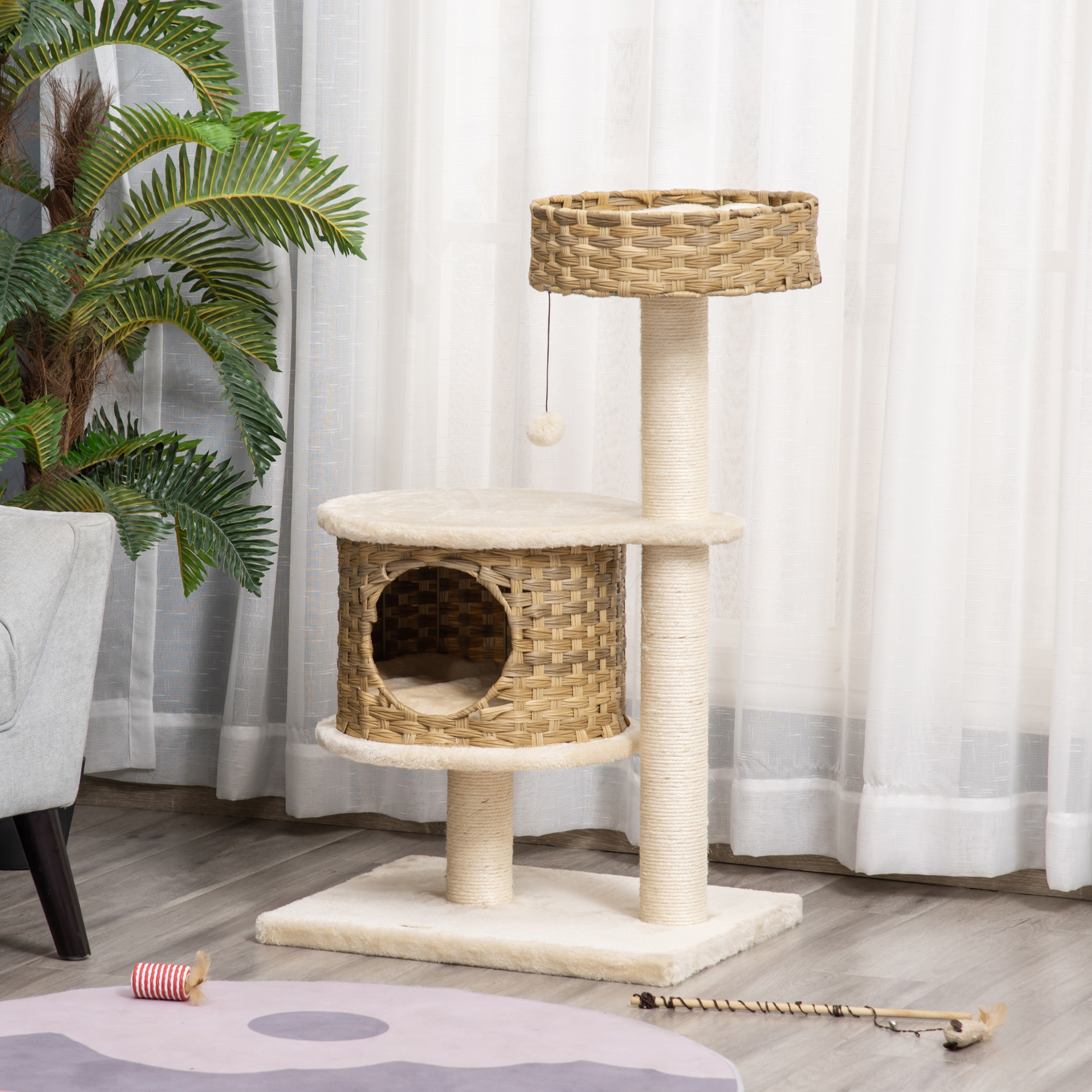 PawHut krabpaal kattenboom klimboom met sisalpalen stabiel met grotten speelballen speelsisal hoogte 95 cm spaanplaat sisal fluweelzacht polyester PE naturel + beige 55 x 47 x 95 cm