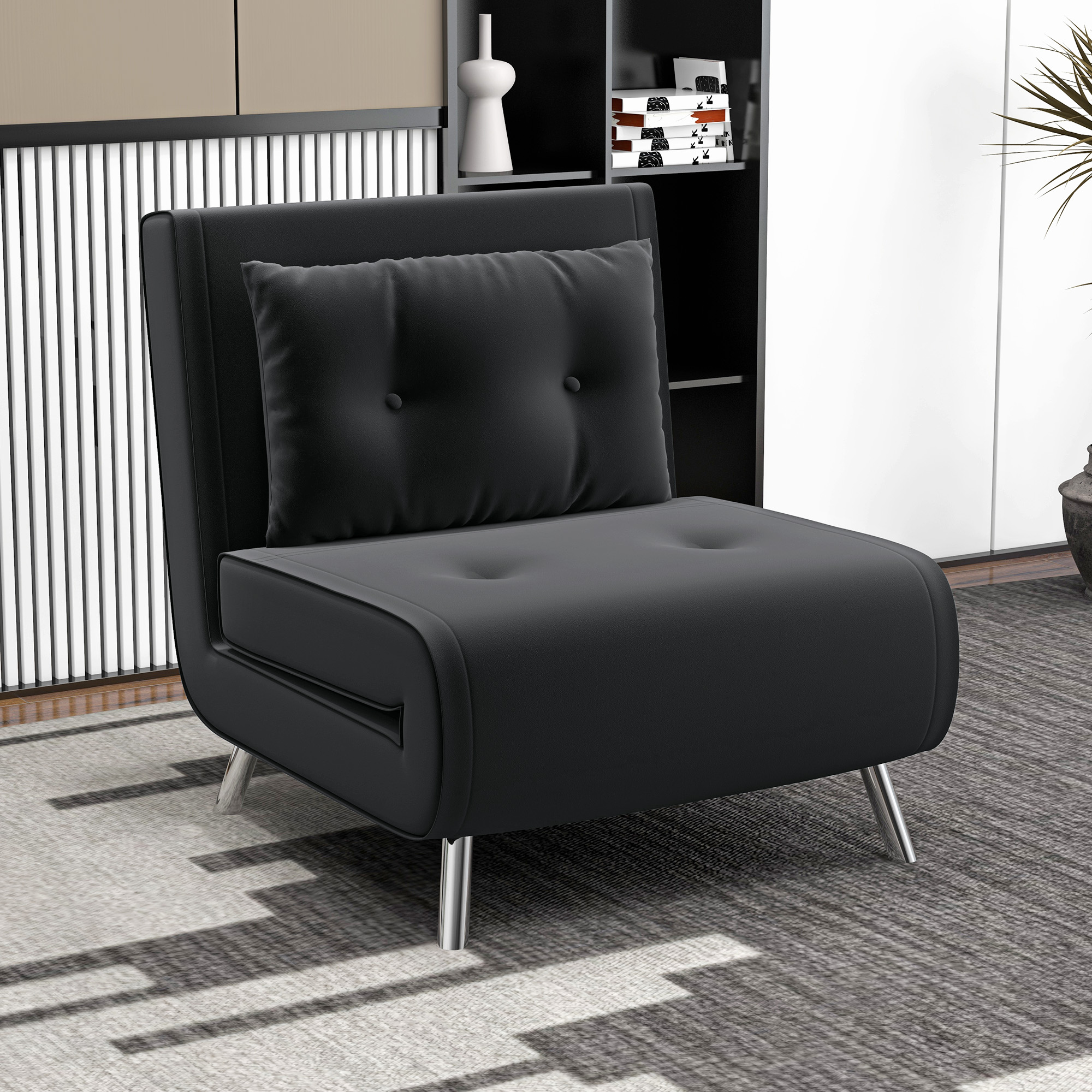 HOMCOM Ligstoel Stoel met Ligfunctie Slaapstoel, Knoophechting, fluweeloptiek, 77 cm x 88 cm x 83 cm, Zwart