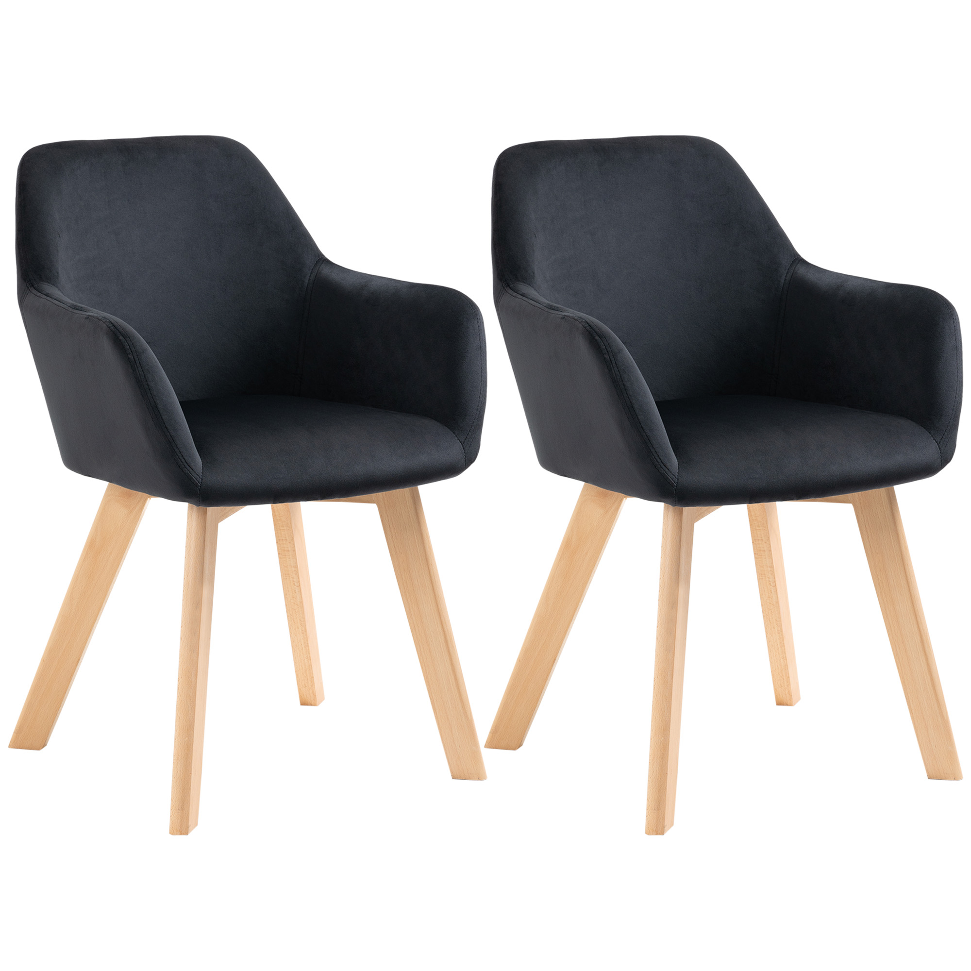 HOMCOM Eetkamerstoelen, 2-delig, modern ontwerp, velourslook, rubberhout, 54x57x80 cm, Zwart