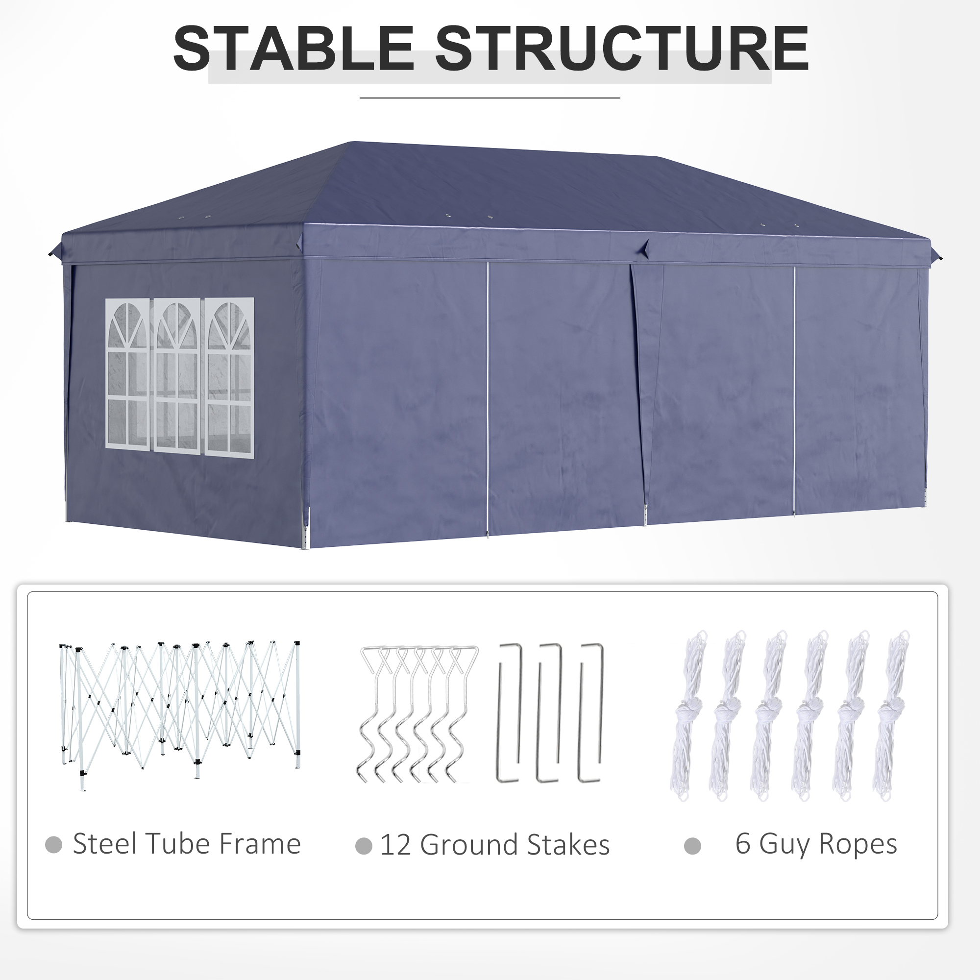 Outsunny Vouwtent van 6 x 3 m, verwijderbare zijwanden, grote ramen, deuren met ritssluiting, stalen frame, blauw