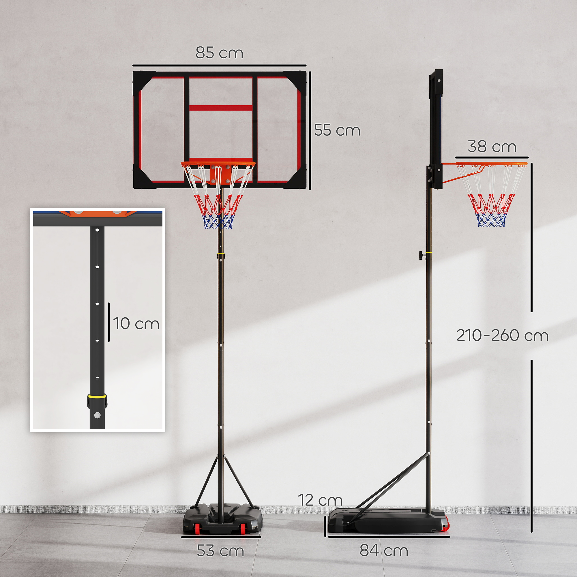 AIYAPLAY Kinderbasketbalring, buiten, voor kinderen, 210-260 cm in hoogte verstelbaar, met wielen, vanaf 6 jaar, Rood
