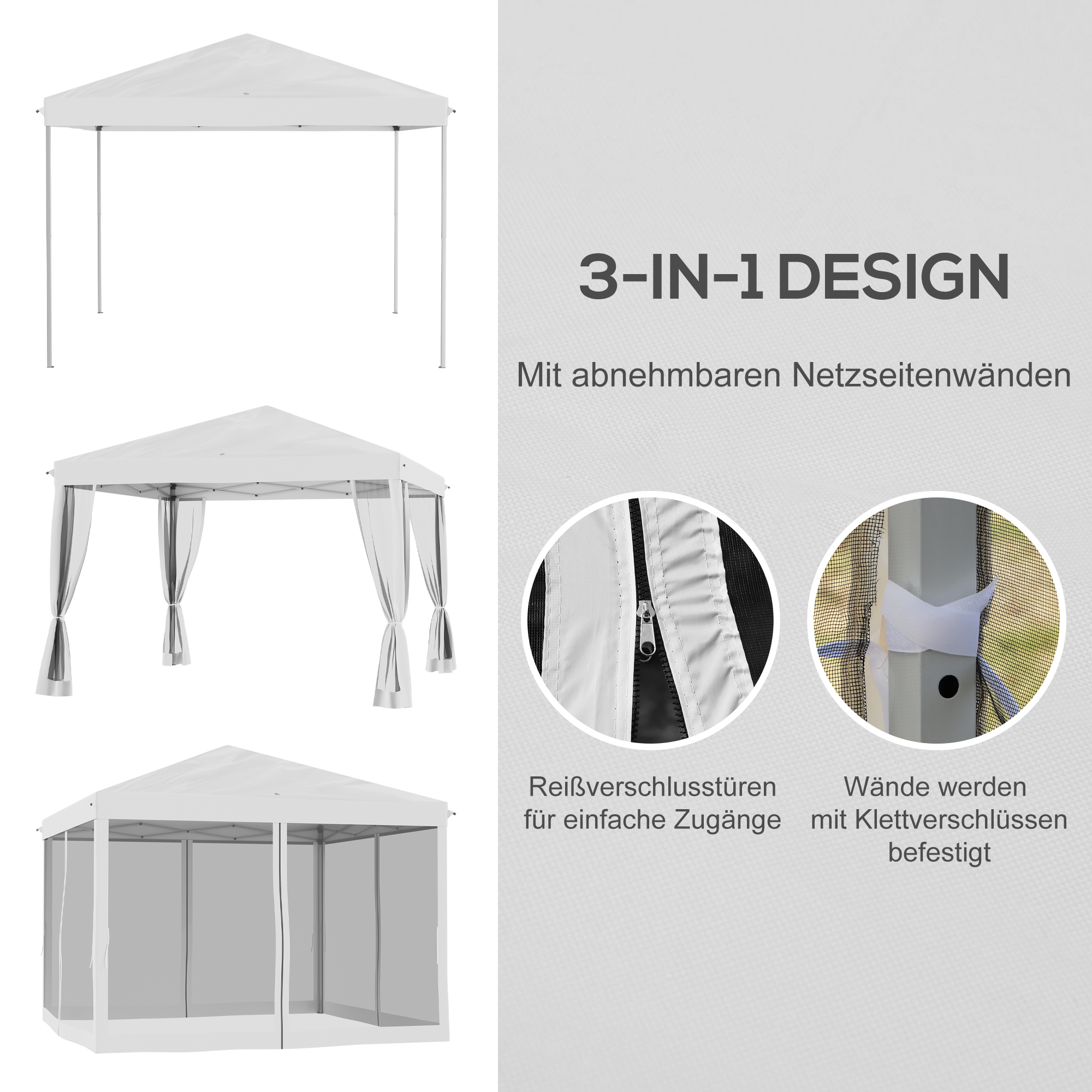 Outsunny Opvouwbare Paviljoen, Feesttent met Zijwanden incl. Draagtas, Tuinpaviljoen, Metaal, Oxford-stof, 3 x 3 m, Crèmewit