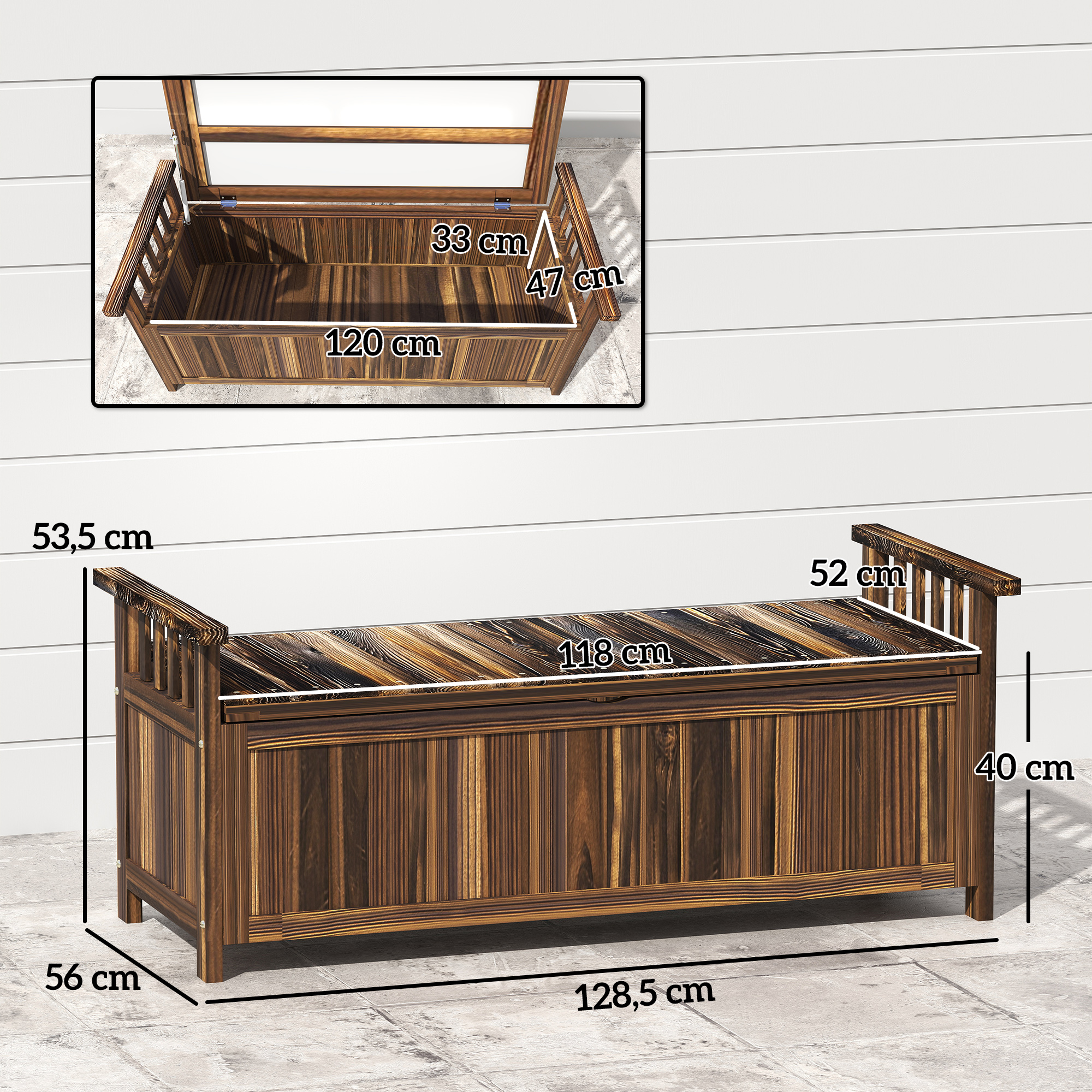 Outsunny 2-Zits Tuinbank van Hout met Weerbestendige Zitting, Tuinmeubilair met Opbergruimte en Armleuningen 128,5 x 56 x 53,5cm, Verkoold