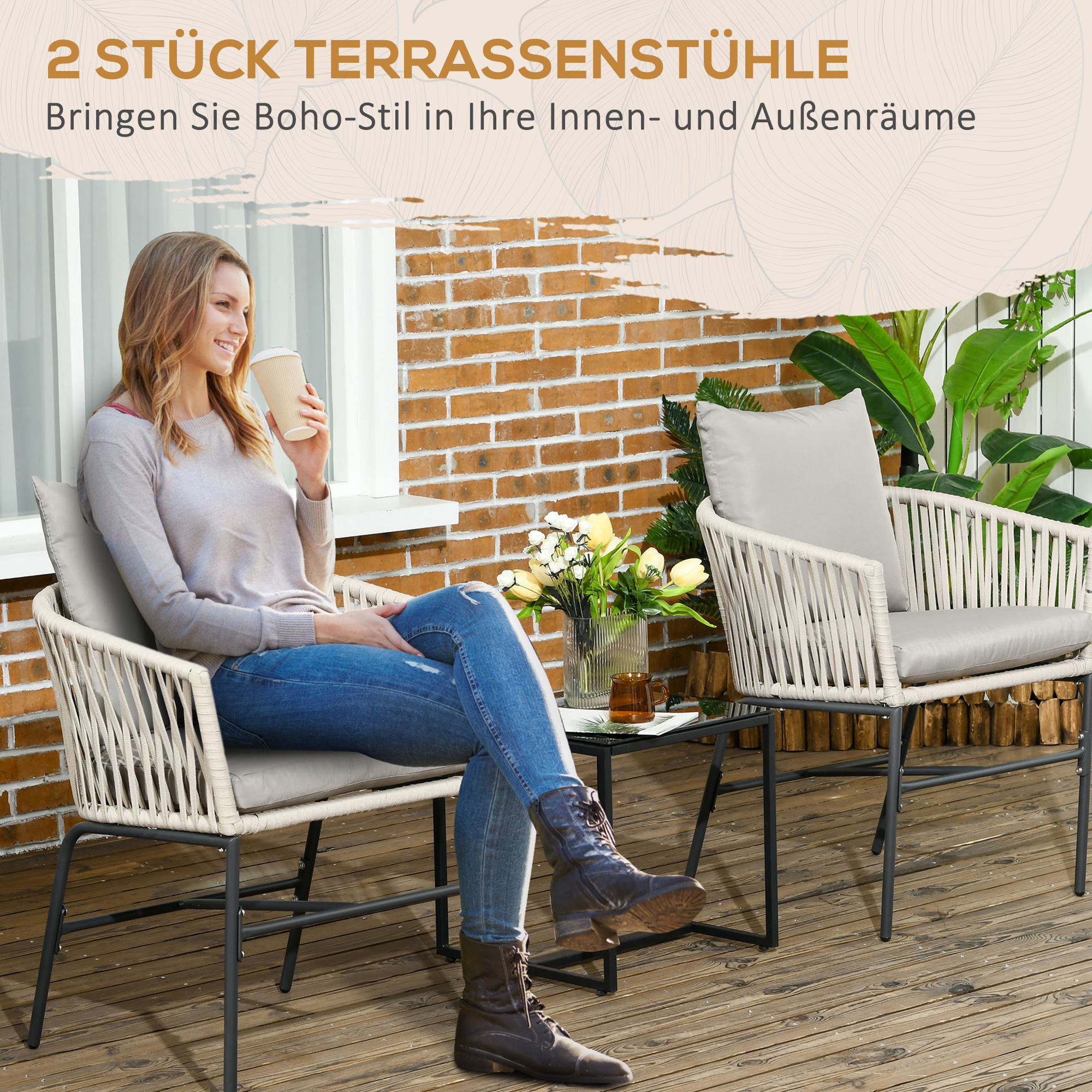 Outsunny Terrasstoel 2-delige set, Boho-stijl, comfortabele zitting, zitkussens, wasbare hoes, metalen frame, Grijs/Beige
