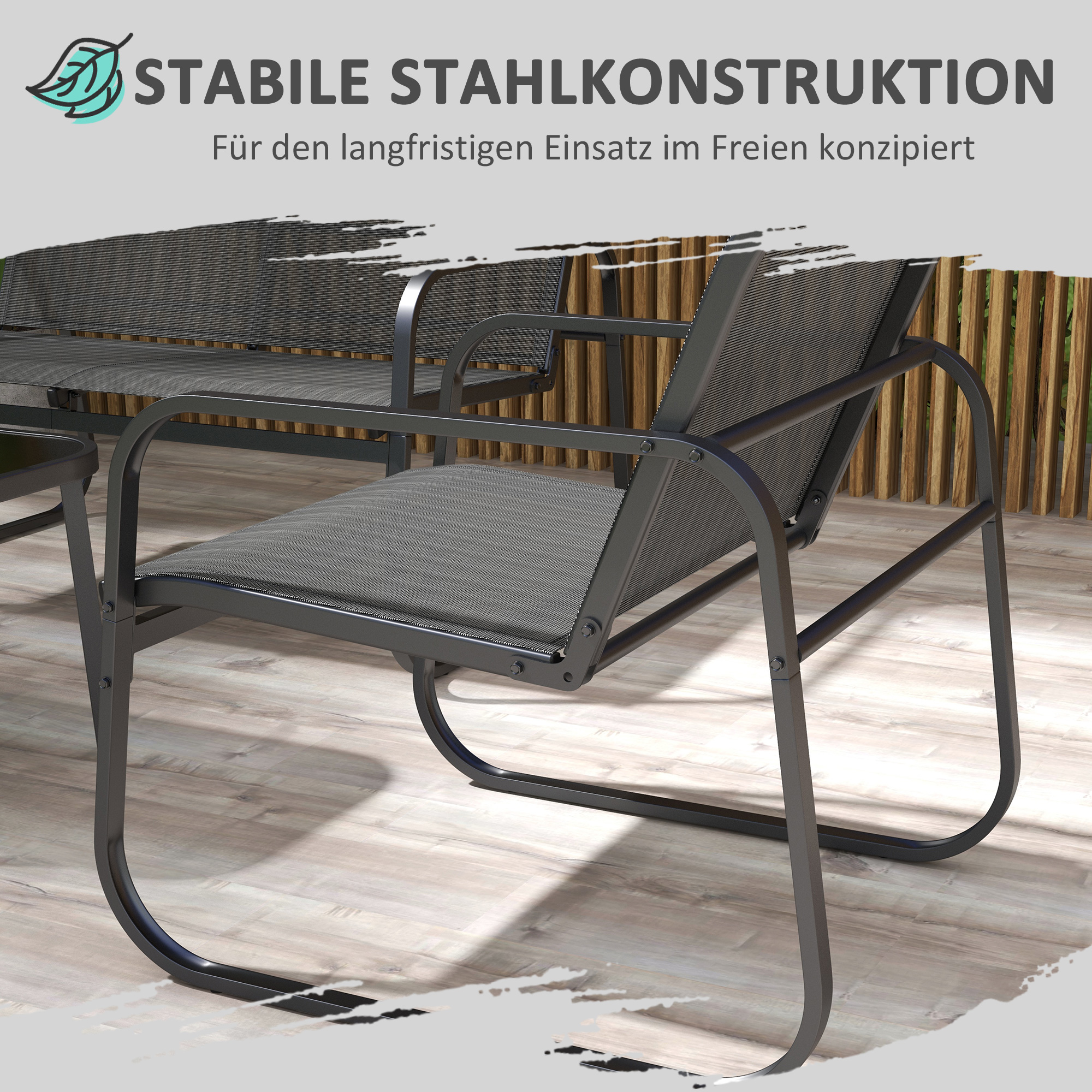 Outsunny 4-delige tuinset, 2 stoelen, 2-zitsbank, tafel met glazen blad, ademende stof, metalen frame, zwart