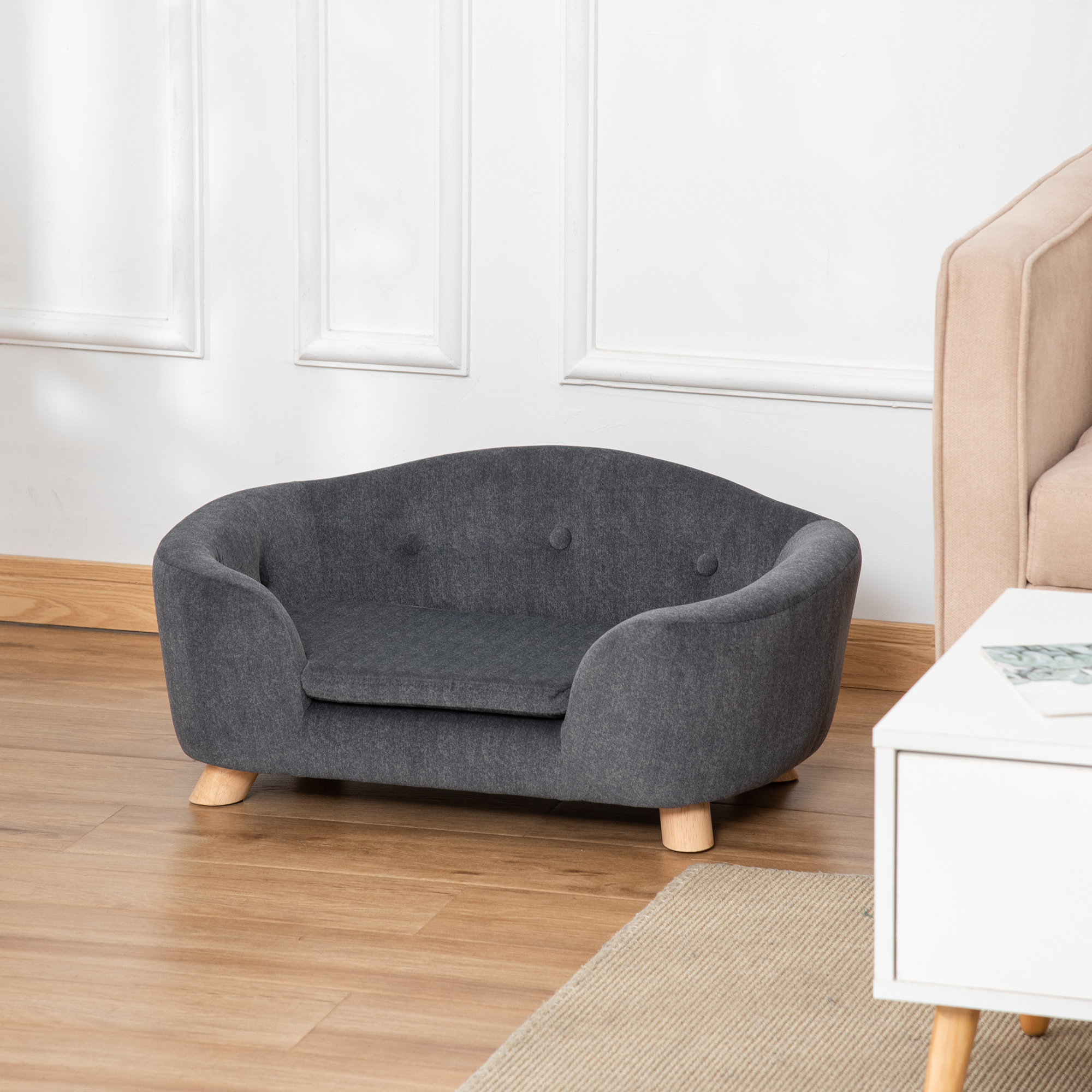 PawHut hondenbank hondenmat hondenmand hondenbank hondenbank kattenbank met kussen achterzak pluche schuim grenen hout donkergrijs 70 x 47 x 30 cm
