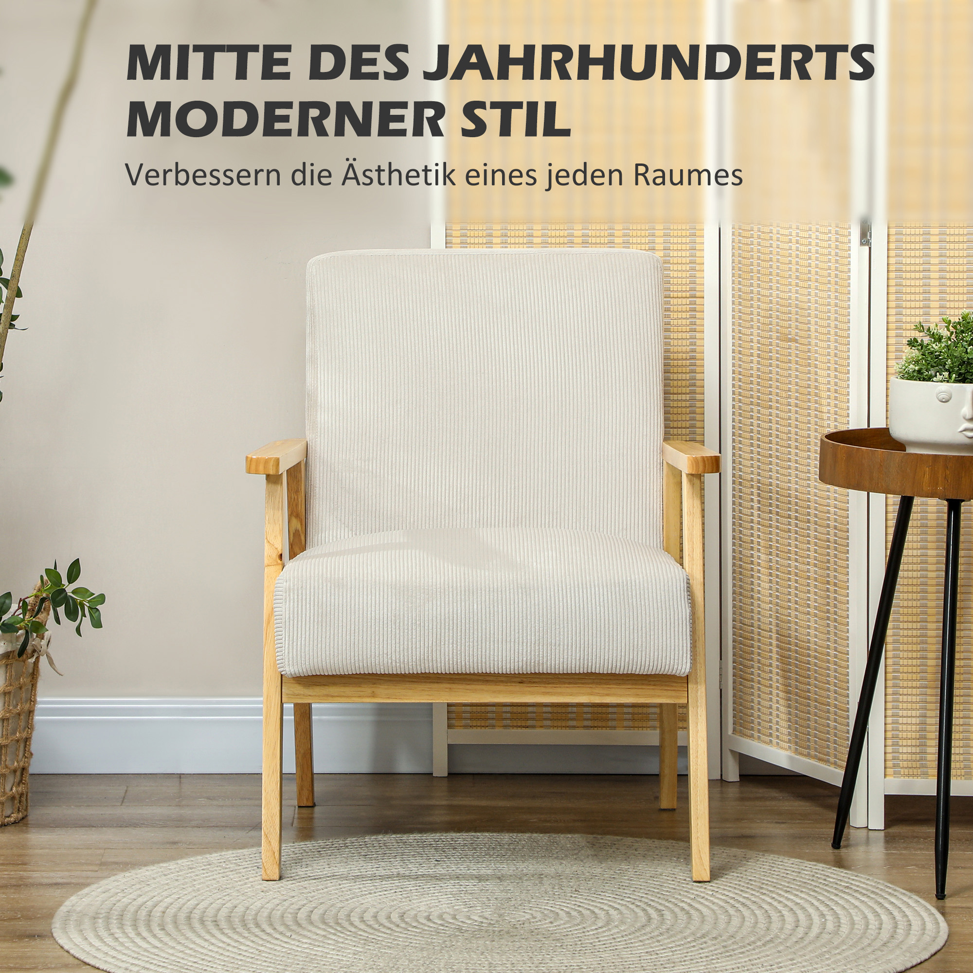 HOMCOM Moderne Fauteuil met Armleuningen, Stoffen Bekleding, van Rubberhout, Accentstoel, Draagvermogen 120 kg, Roomwit