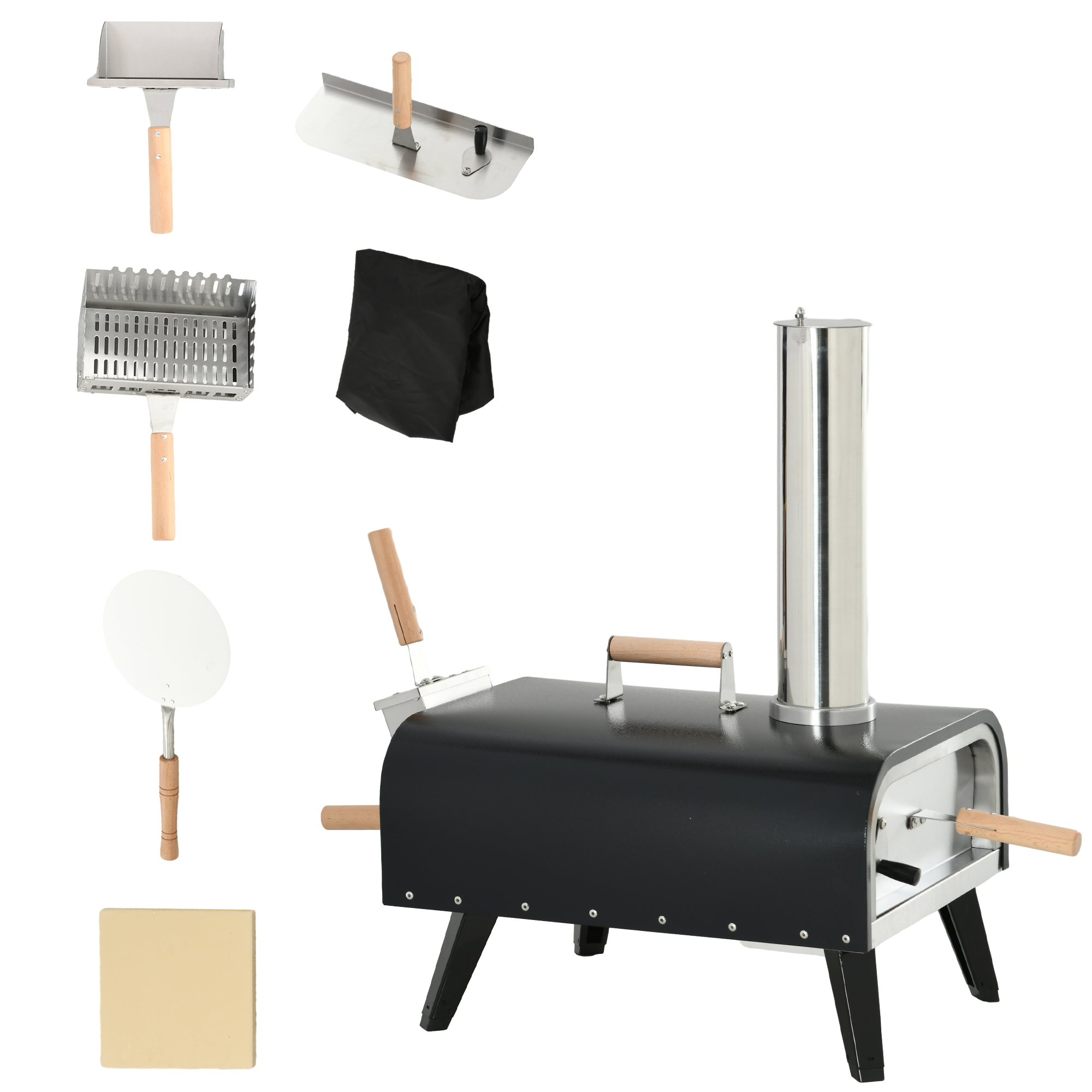 Outsunny Pizzaoven Pizza Houtoven, 1 Pizzaschep, 1 Pizzasteen, 81 x 40 x 72 cm, Zwart + Natuur