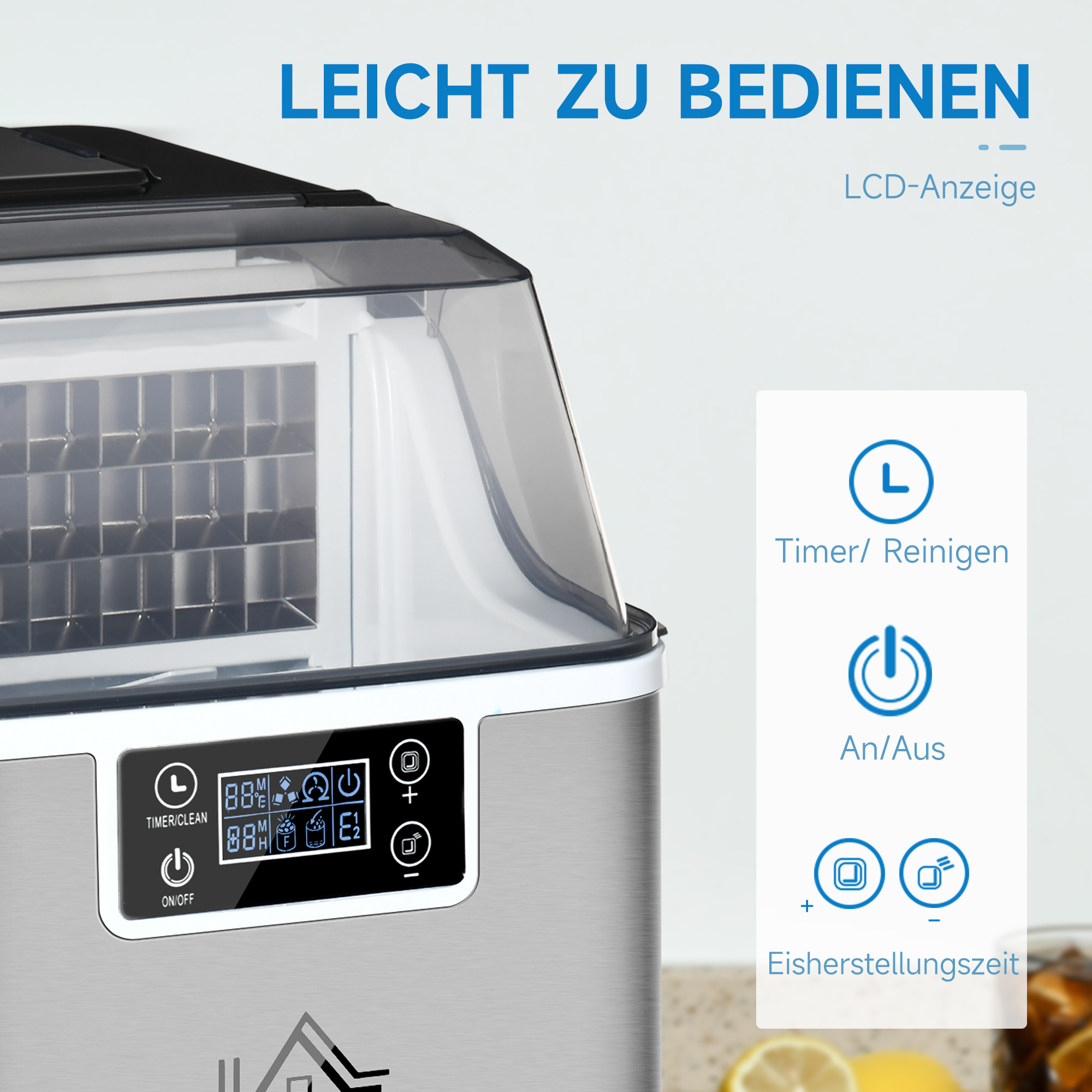 HOMCOM ijsblokjesmachine 20 kg/24u 2.3 l ijsblokjesmachine met 3.2 l waterreservoir display RVS zilver 25,2 x 36 x 37,1 cm