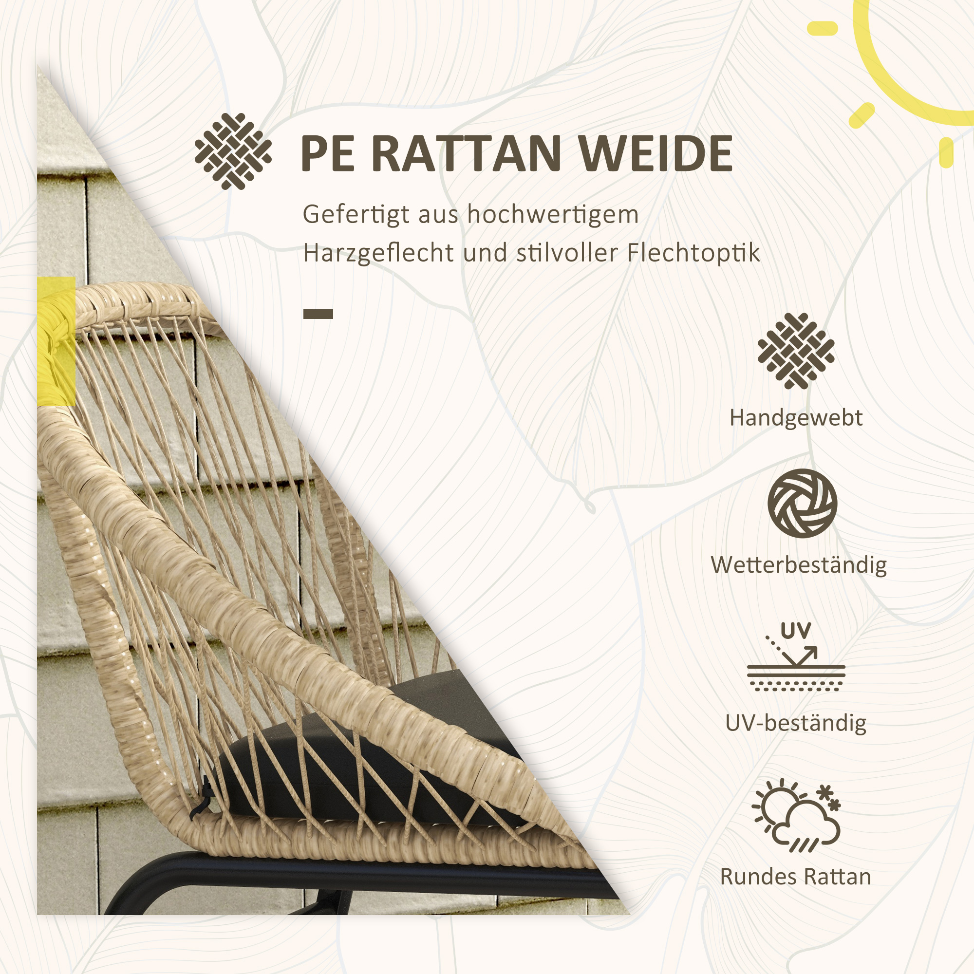 Outsunny Rieten Terrasmeubelset, Tuinmeubelset, 2 Stoelen & Tafel, Geel