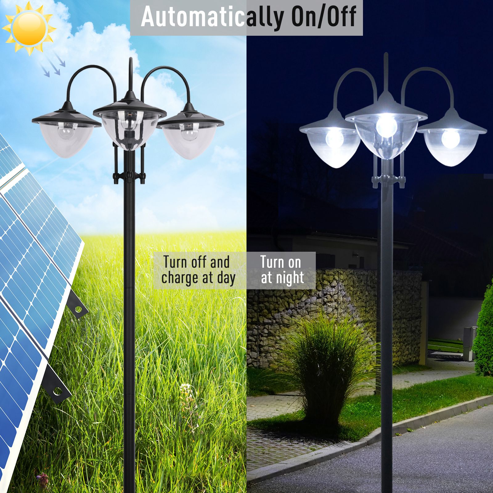 Outsunny Tuinlicht Zonnelamp 60x55x189cm, Energiebesparings Buitenverlichting, Waterproof Bloempotvoet, zwart
