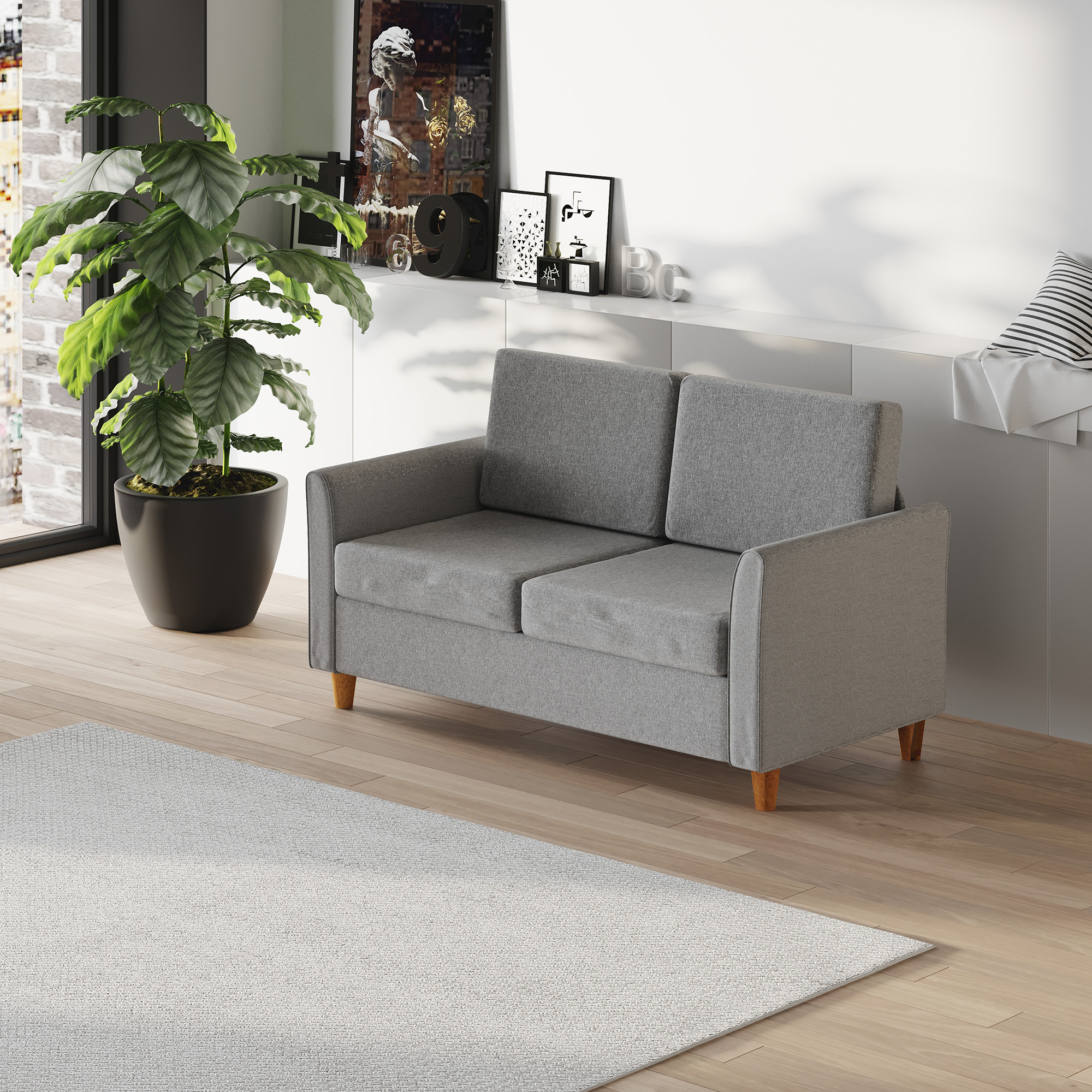 HOMCOM® tweezitsbank | Afneembare kussens | Linnen, schuimstof, rubberhout | Lichtgrijs | 141 x 65 x 78 cm | Aosom.de