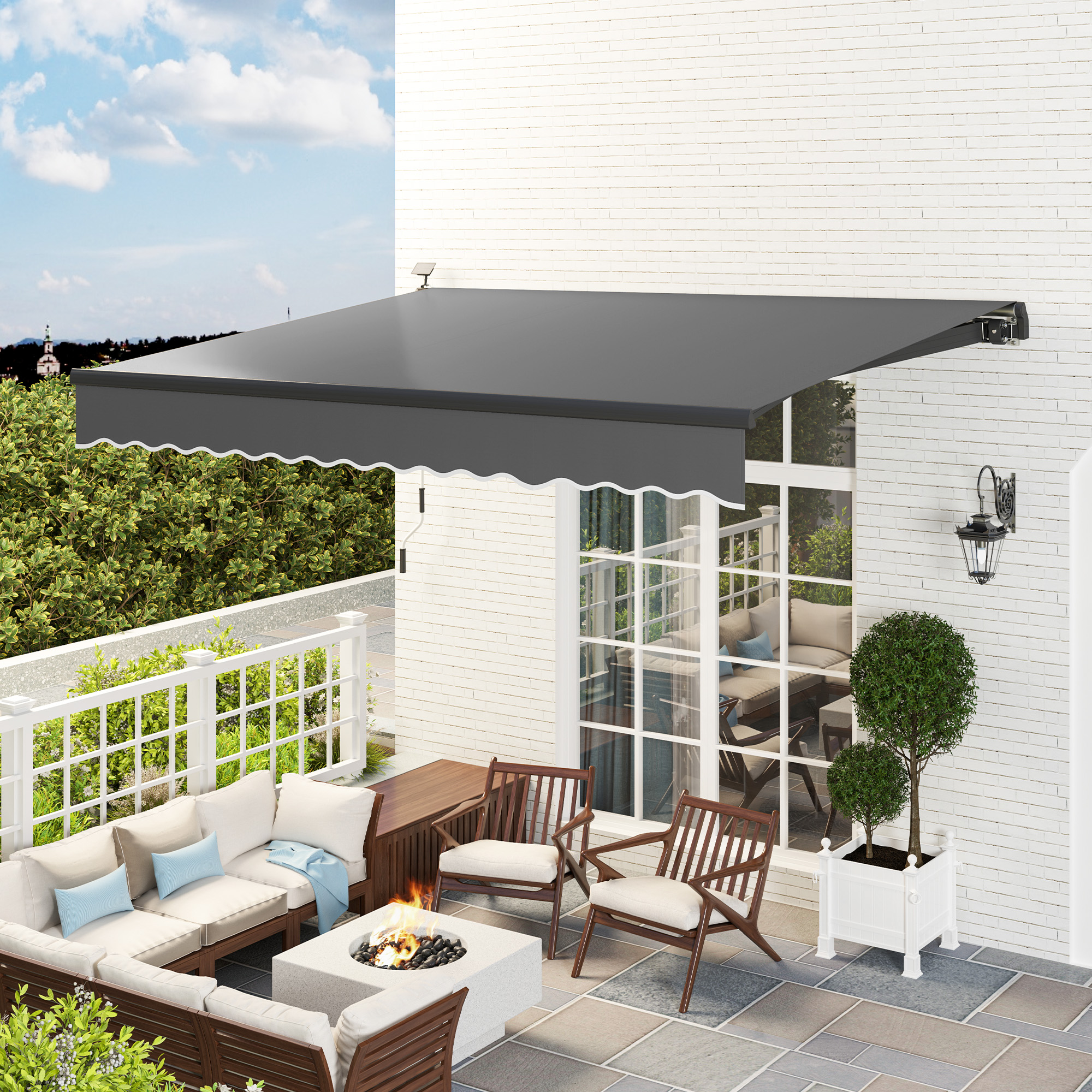 Outsunny Uitschuifbare Luifel met Handkruk en Zonne-energie LED-licht UV 50+ 400 cm breed Grijs