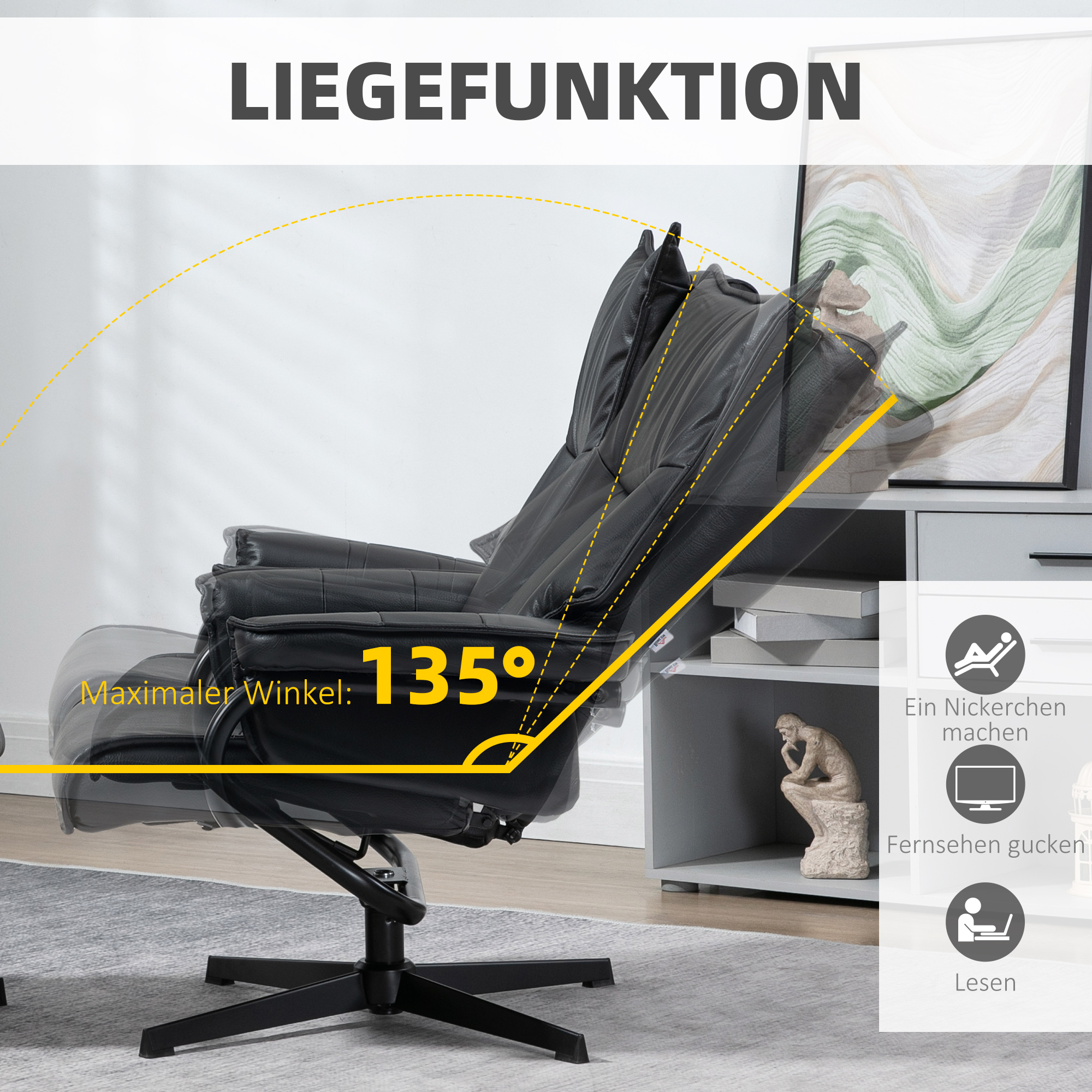 Homcom relaxfauteuil met kruk, draaibaar, verstelbare rugleuning, stalen frame, zwart