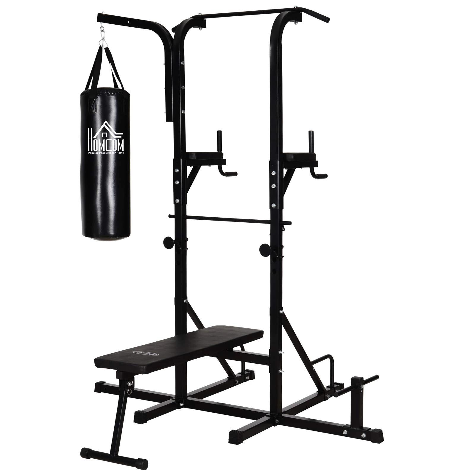 HOMCOM Krachtstation met optrekstang, multifunctioneel dipstation, trainingsapparaat voor thuis, met bokszak, fitness, staal, zwart, 180 x 183 x 219 cm dipstation multifunctionele bokszak opvouwbaar staal | Aosom.de