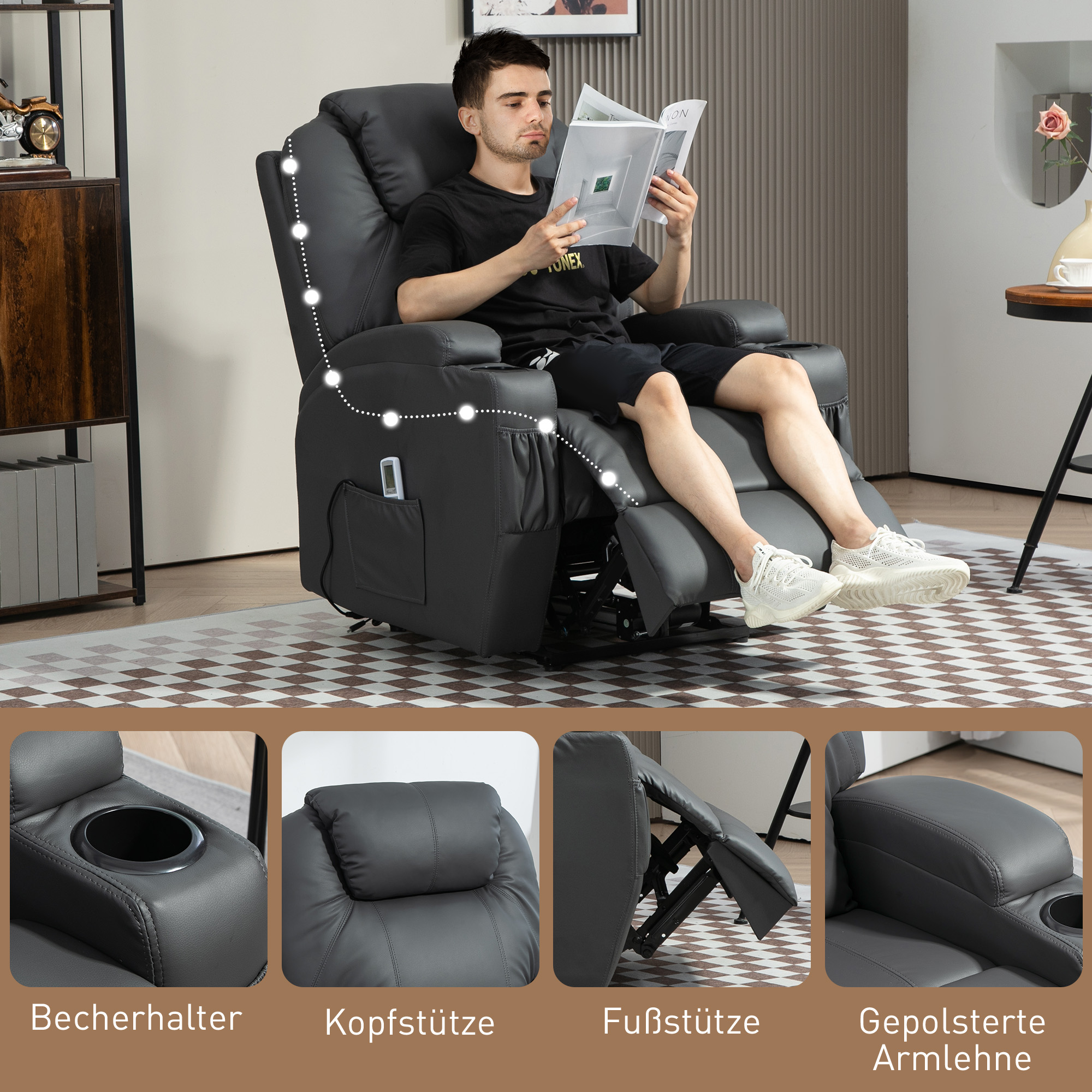 HOMCOM Massagestoel, elektrisch verstelbaar, 8 vibratiepunten, bekerhouder, kunstleer, donkergrijs