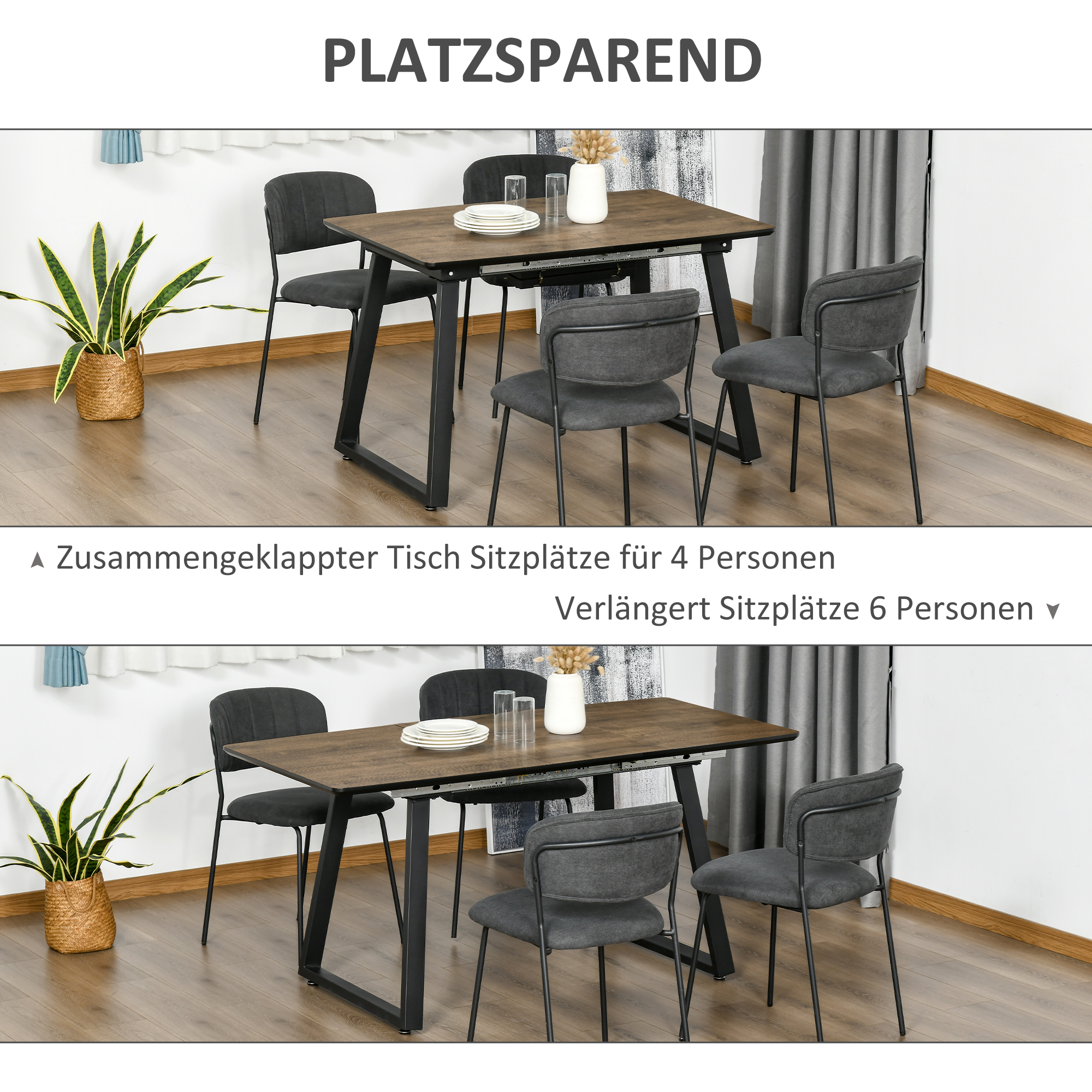 HOMCOM eettafel met uitschuifbaar tafelblad, keukentafel met houteffect, bruin