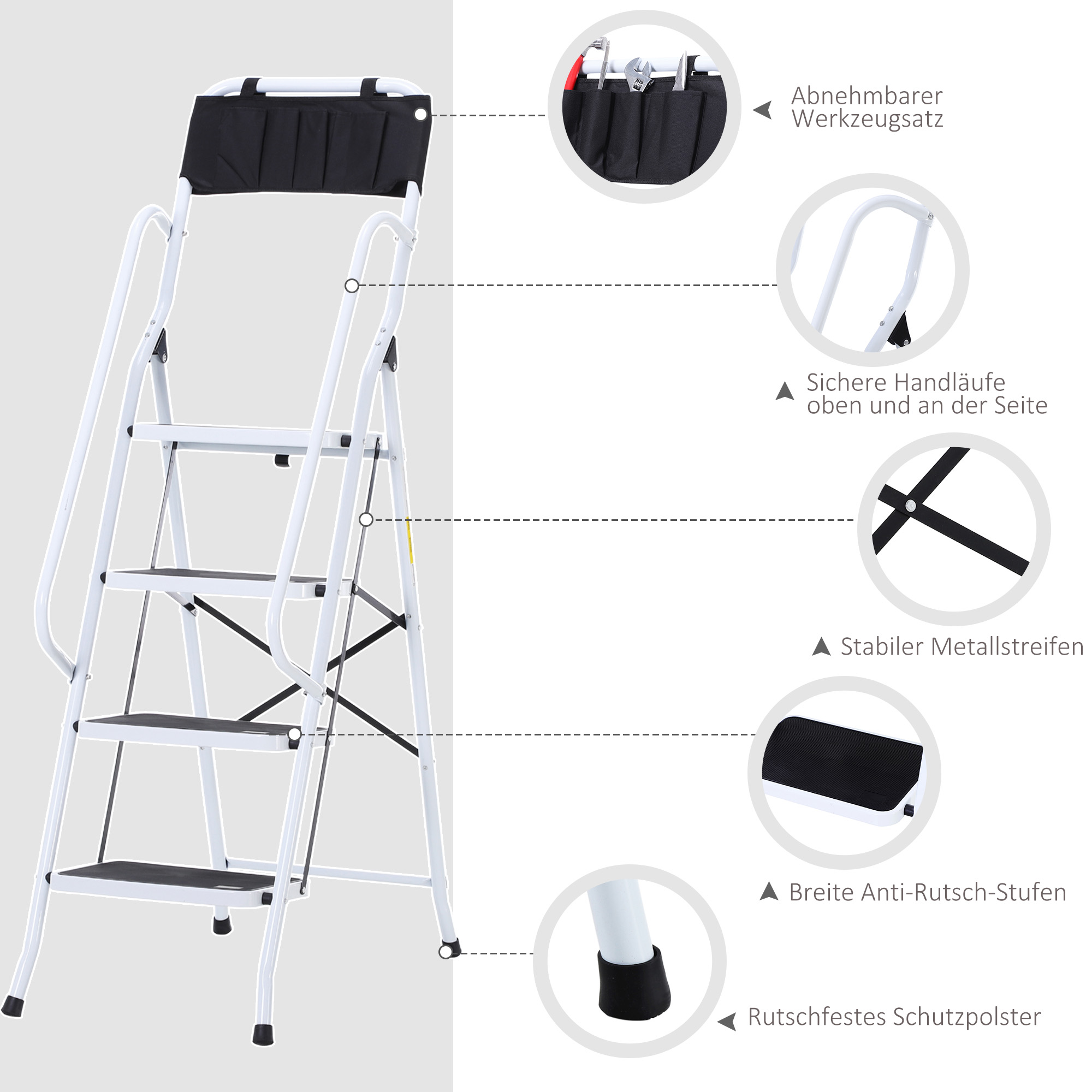 HOMCOM Opvouwbare huishoudtrap met gereedschapshouder, leuning, 50 x 83 x 155 cm, zwart + zilver