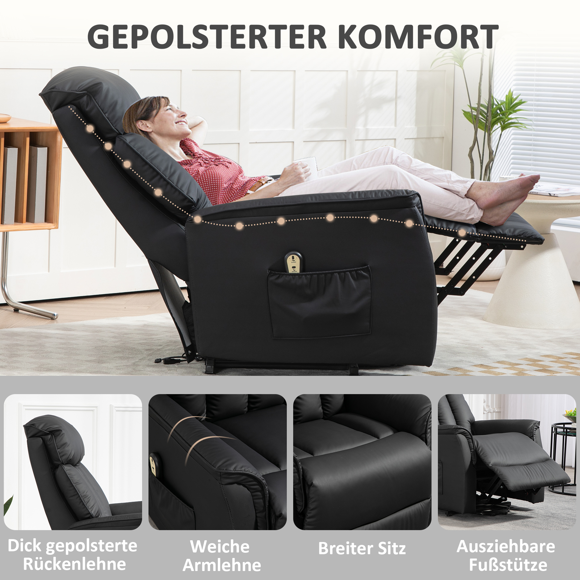 HOMCOM Elektrische Opsta-Stoel, TV-Stoel, Stoel met Opsta-Hulp, Ligfunctie, Kunstleer, 80 x 94 x 104 cm, Zwart