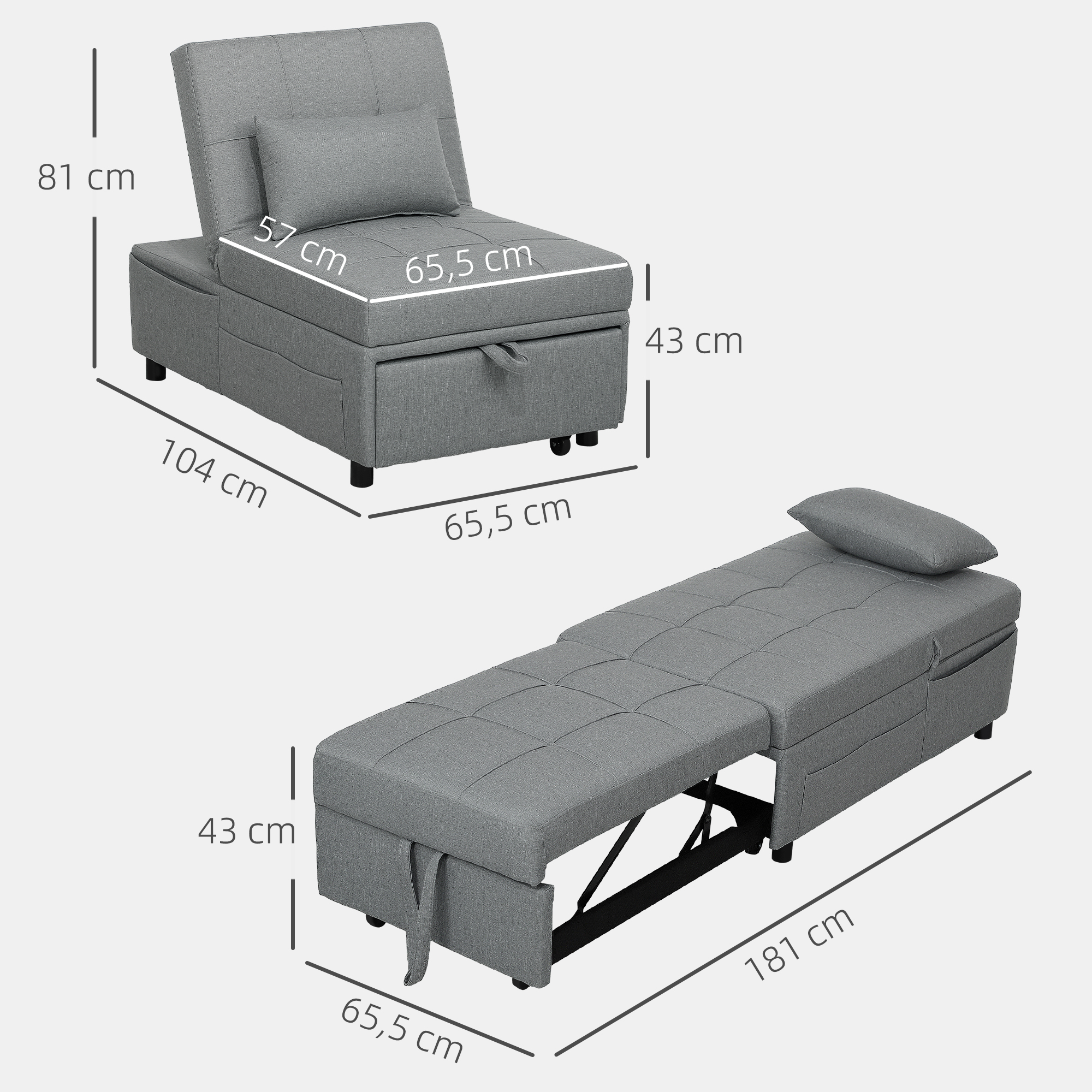 HOMCOM 3-in-1 Opklapbare Fauteuil met Zijvak, Gastenbed met Kussen, Verstelbare Rugleuning, Slaapstoel met Wielen, Lichtgrijs