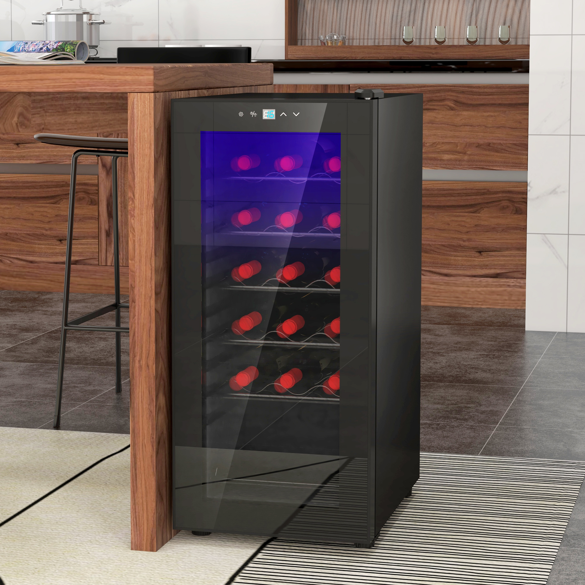 HOMCOM Wijnkoelkast, Stil, 5-18°C, Touchscreen, Verlichting, 34,5x45x78cm, Zwart